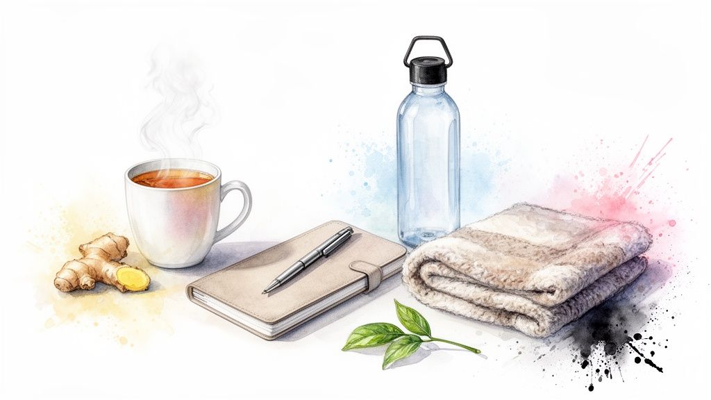 Watercolor illustration of wellness items: steaming tea, ginger, notebook, water bottle, towel, and leaves.
