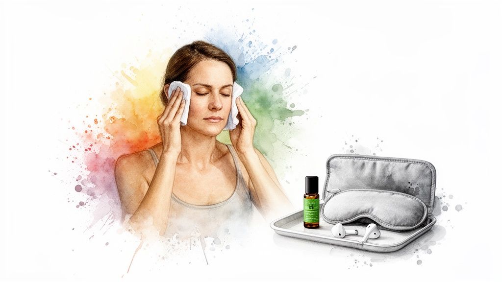 Woman applying cloths to temples for relief, with essential oil, eye mask, and earbuds on a tray.