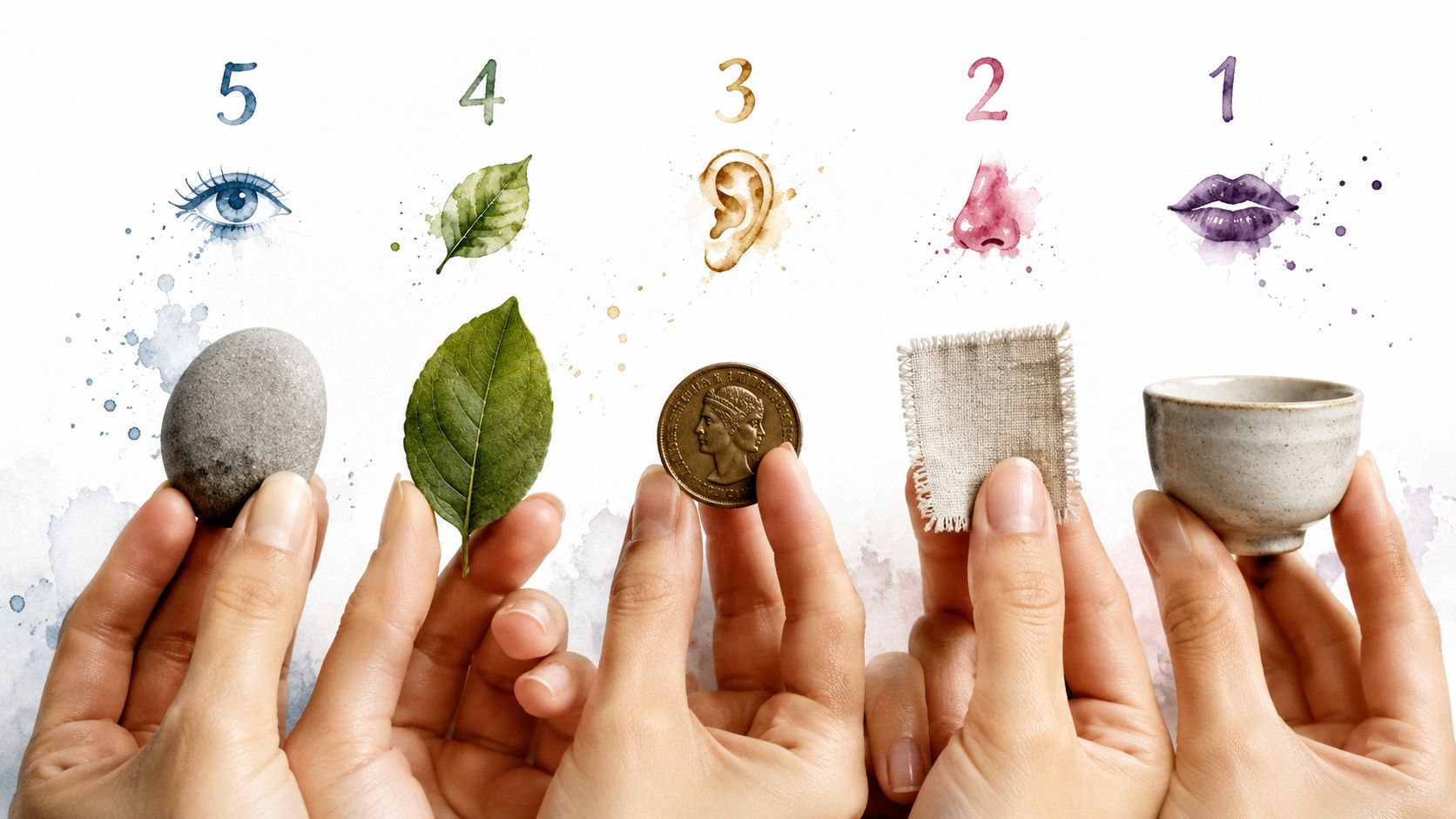 A creative illustration representing the five senses with hands holding objects like a stone and leaf.