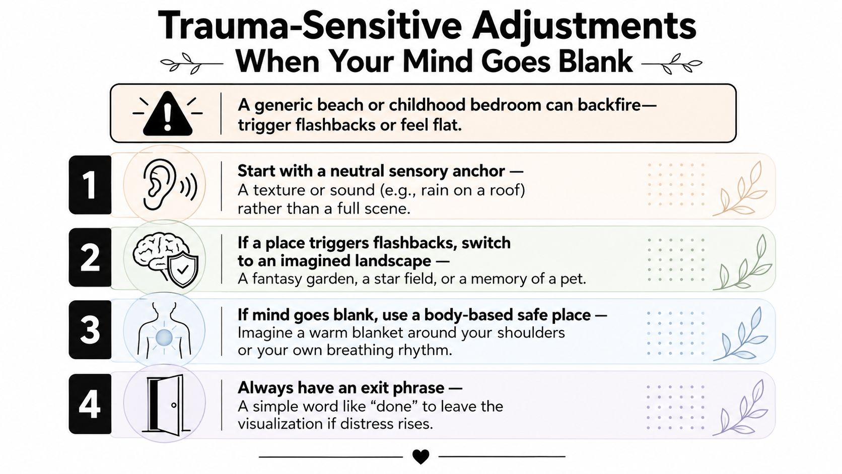 A list of four trauma-sensitive adjustments for safe place visualization techniques when the mind goes blank.