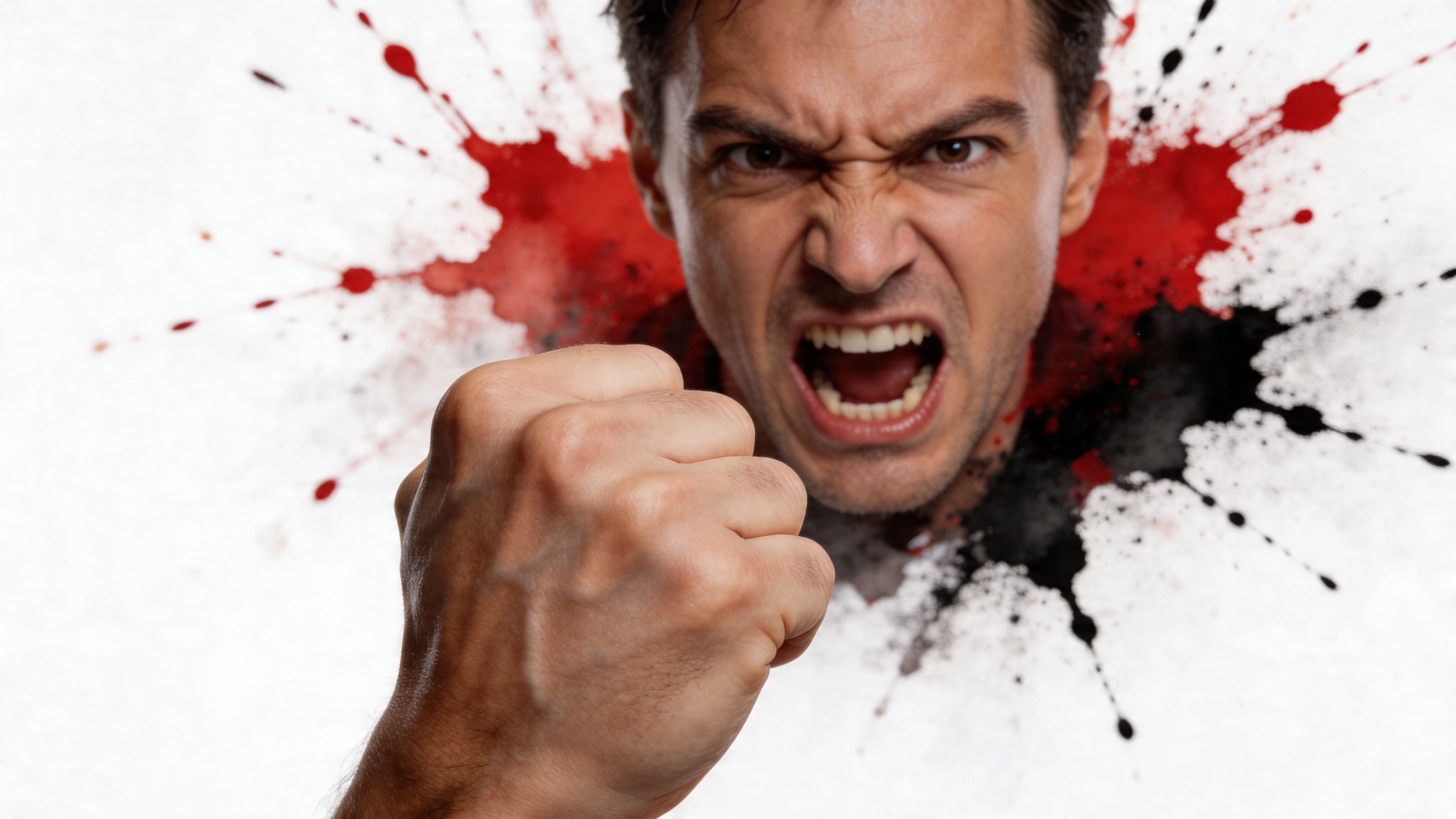 A close-up of an angry man shouting with his fist raised in a display of intense rage.