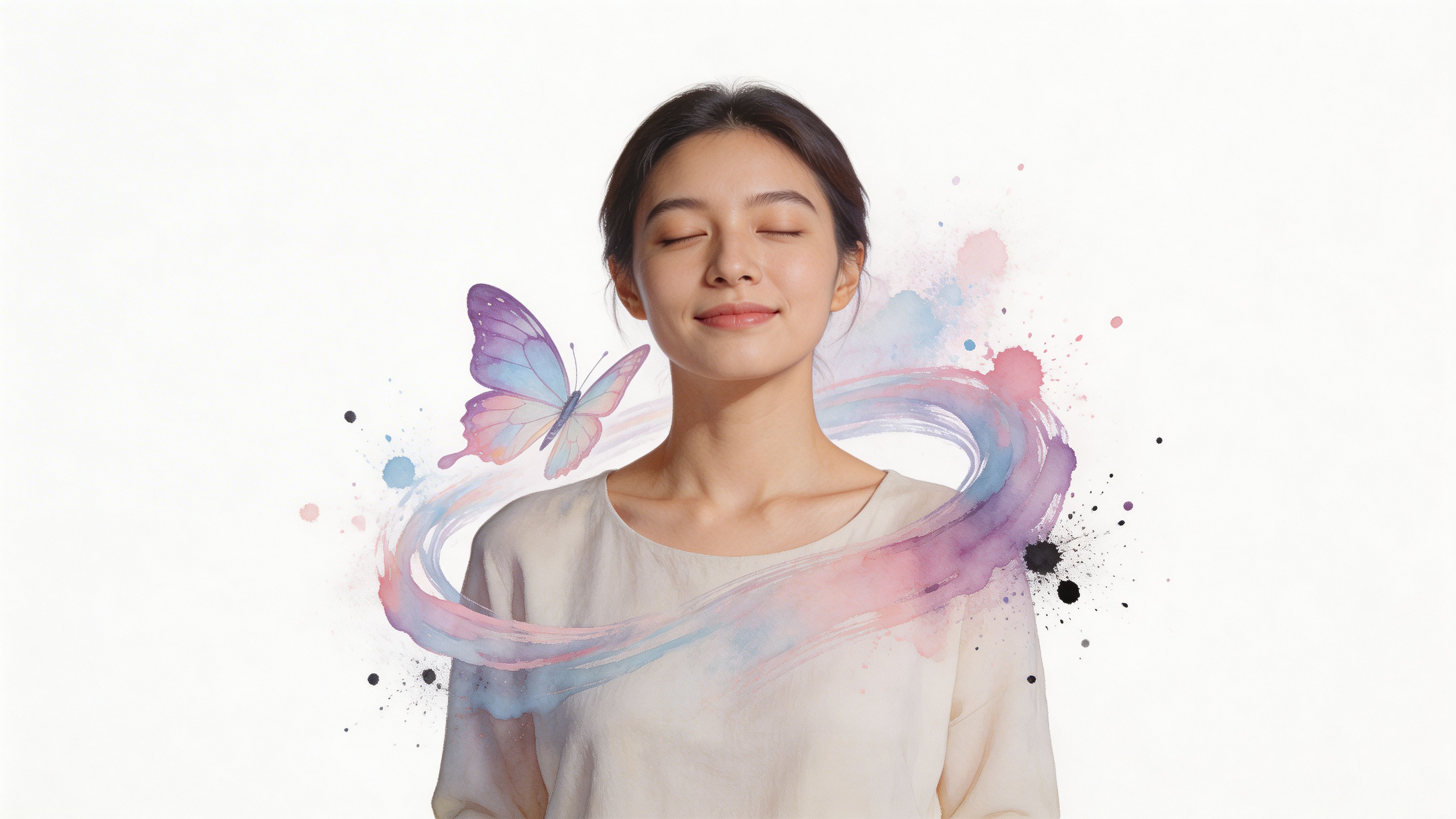 A peaceful young woman with closed eyes surrounded by a watercolor swirl and a purple butterfly.