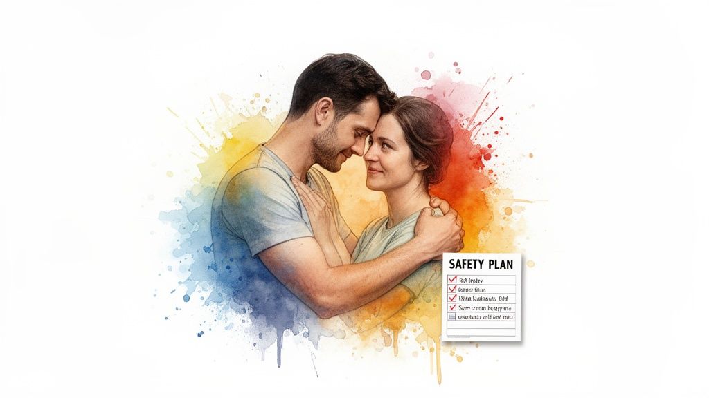 A watercolor painting of a loving couple embracing, with a 'SAFETY PLAN' checklist beside them.