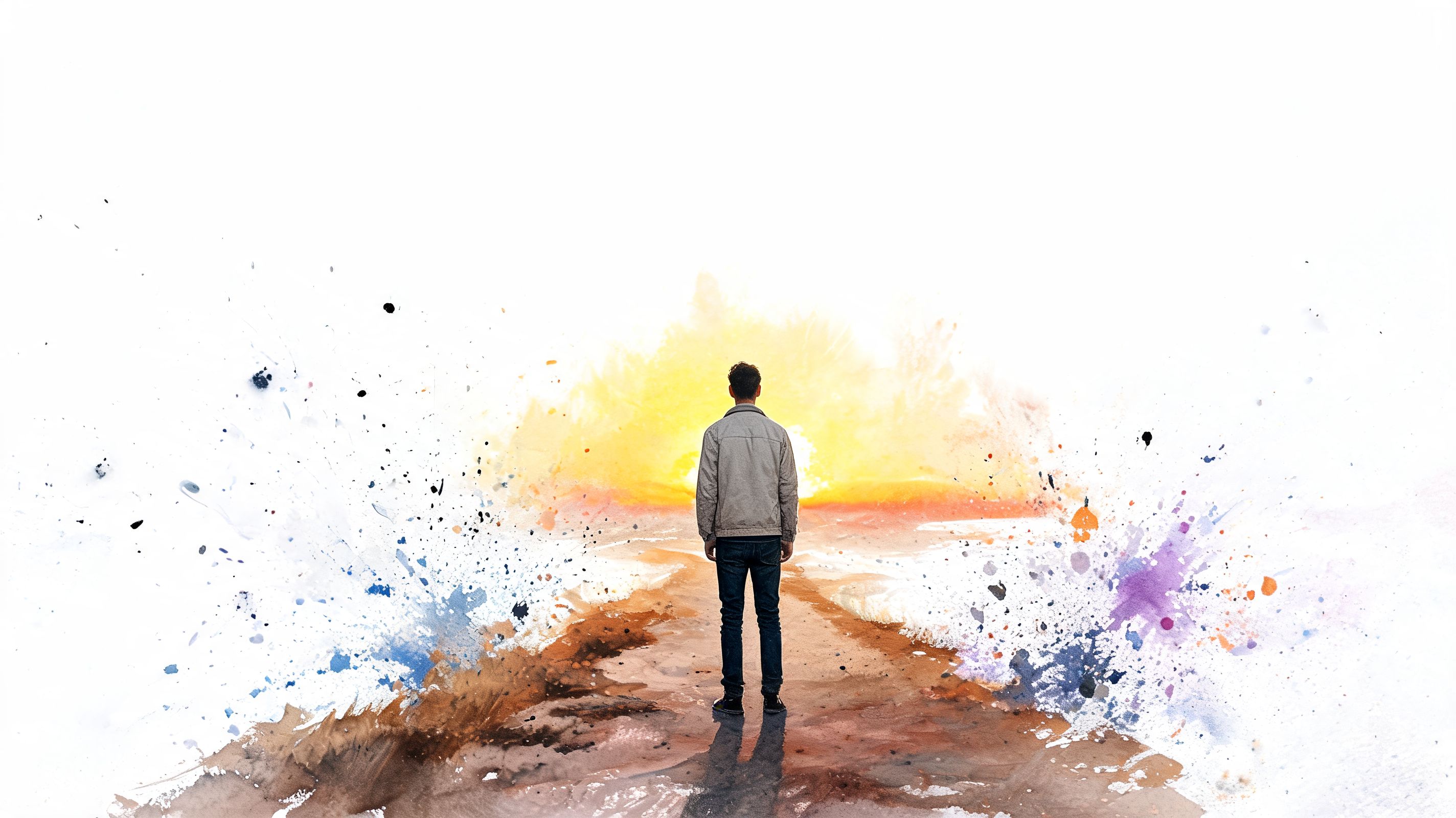 A person standing alone on a path, facing a vibrant sunset with watercolor splash artistic effects.