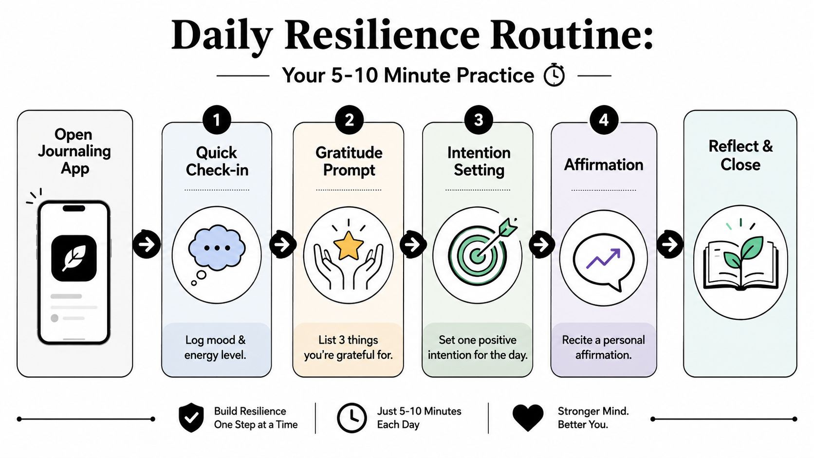 A visual guide outlining a five-step daily resilience routine using a journaling app to improve mental well-being.