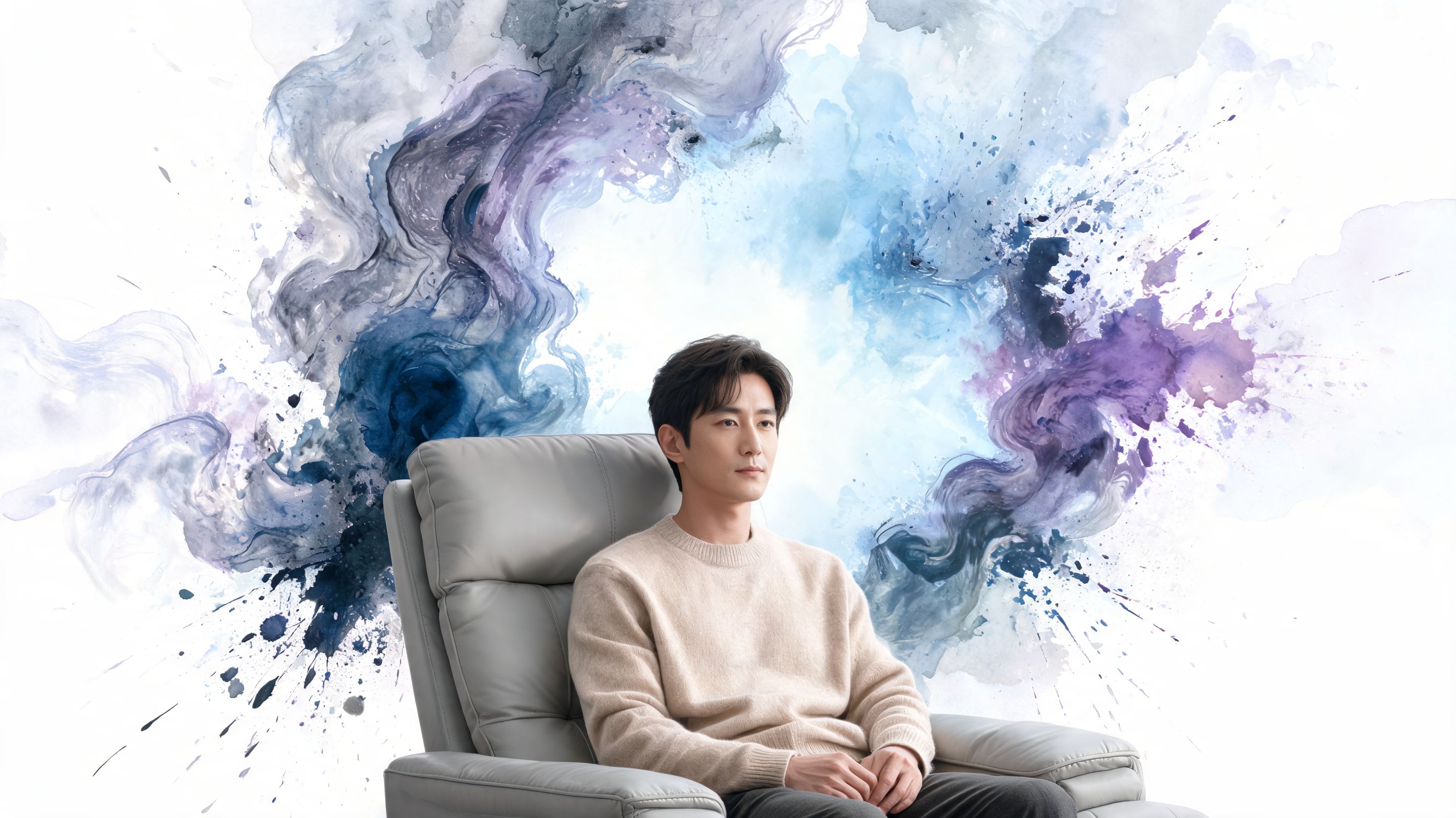 A young man sitting in a comfortable leather chair against a backdrop of abstract blue and purple watercolor.