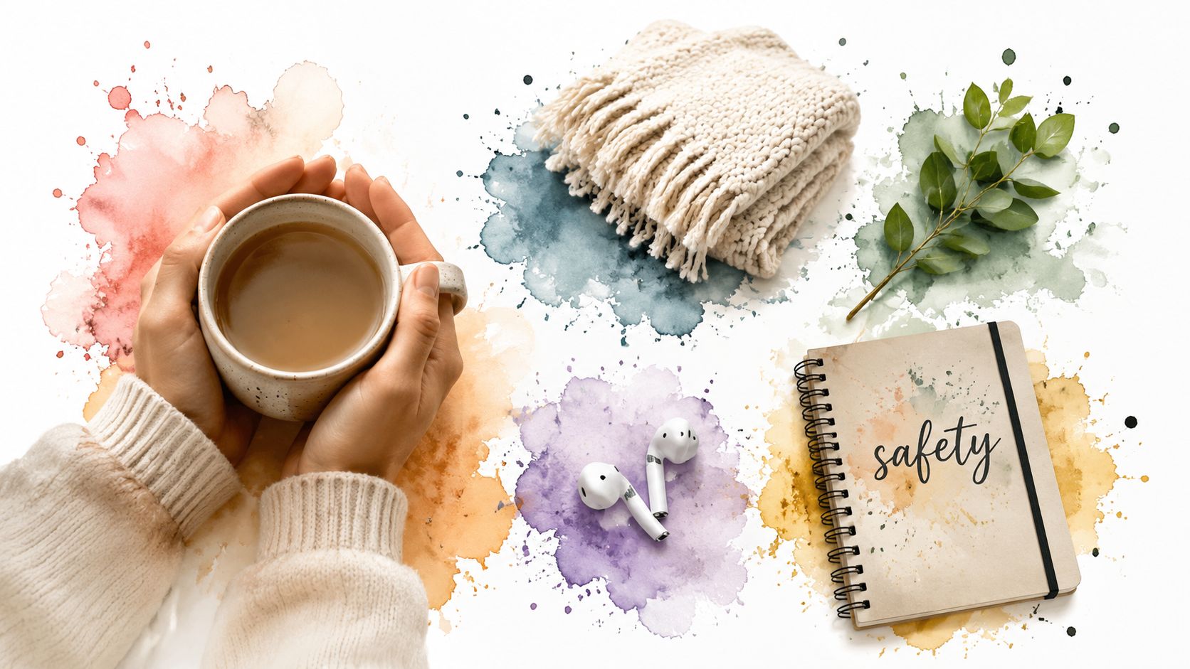 A person holding a warm mug with a notebook, earbuds, and a cozy blanket on white background.