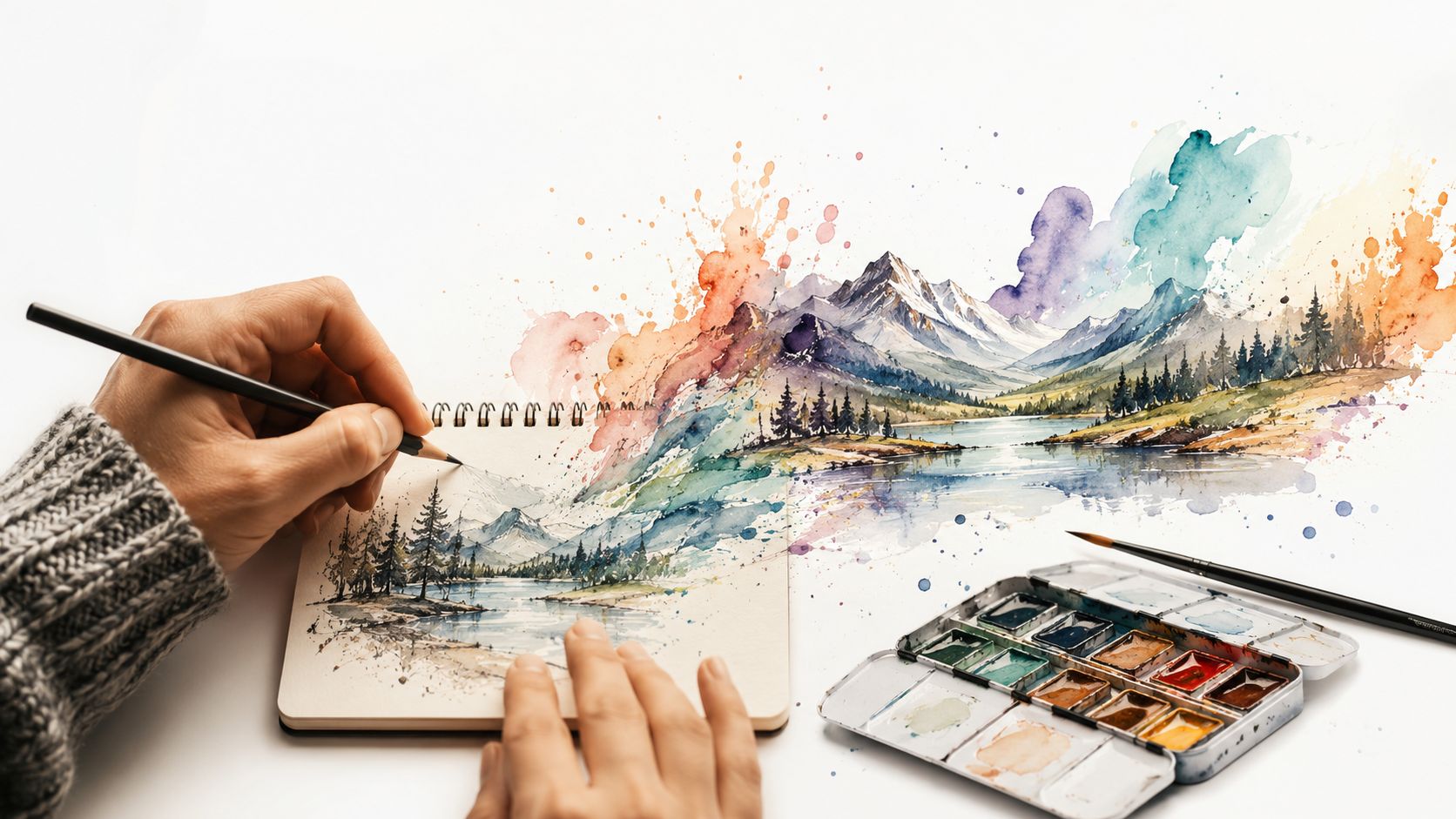 A person drawing a colorful mountain landscape in a sketchbook with watercolor paints on a white table.