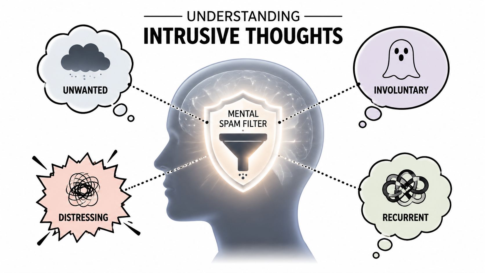 An infographic showing the four characteristics of intrusive thoughts: unwanted, involuntary, distressing, and recurrent, centered on a brain.