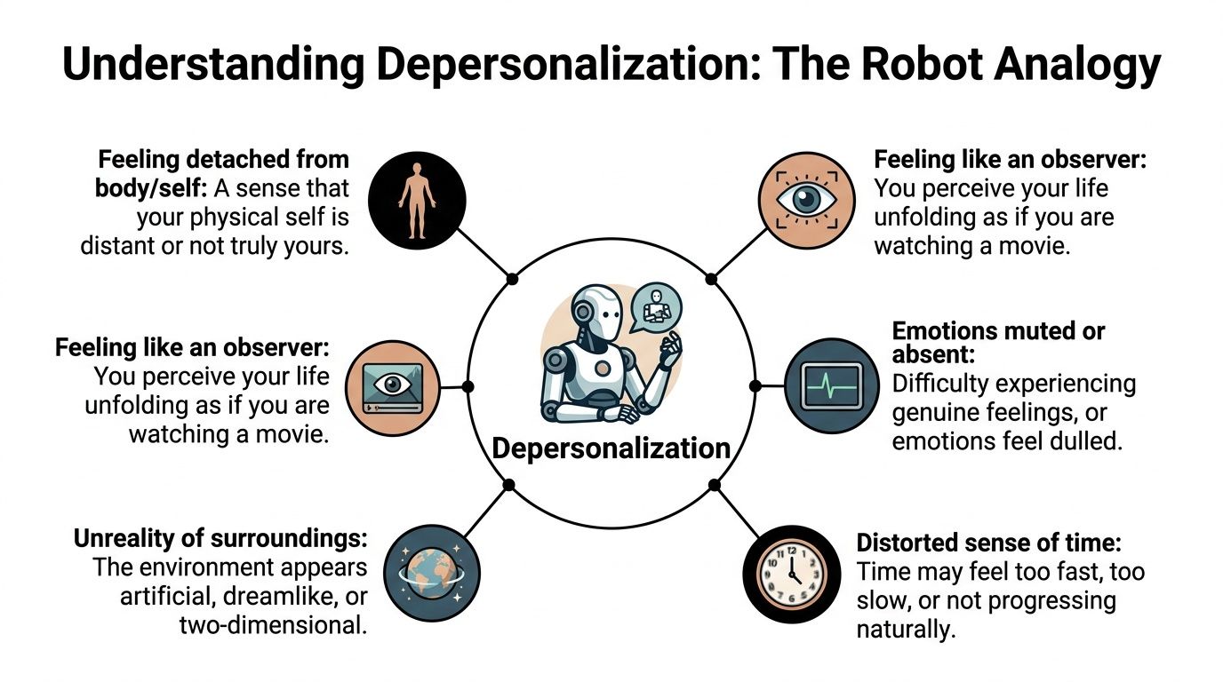 An infographic titled Understanding Depersonalization featuring a robot icon surrounded by icons representing symptoms like detachment.