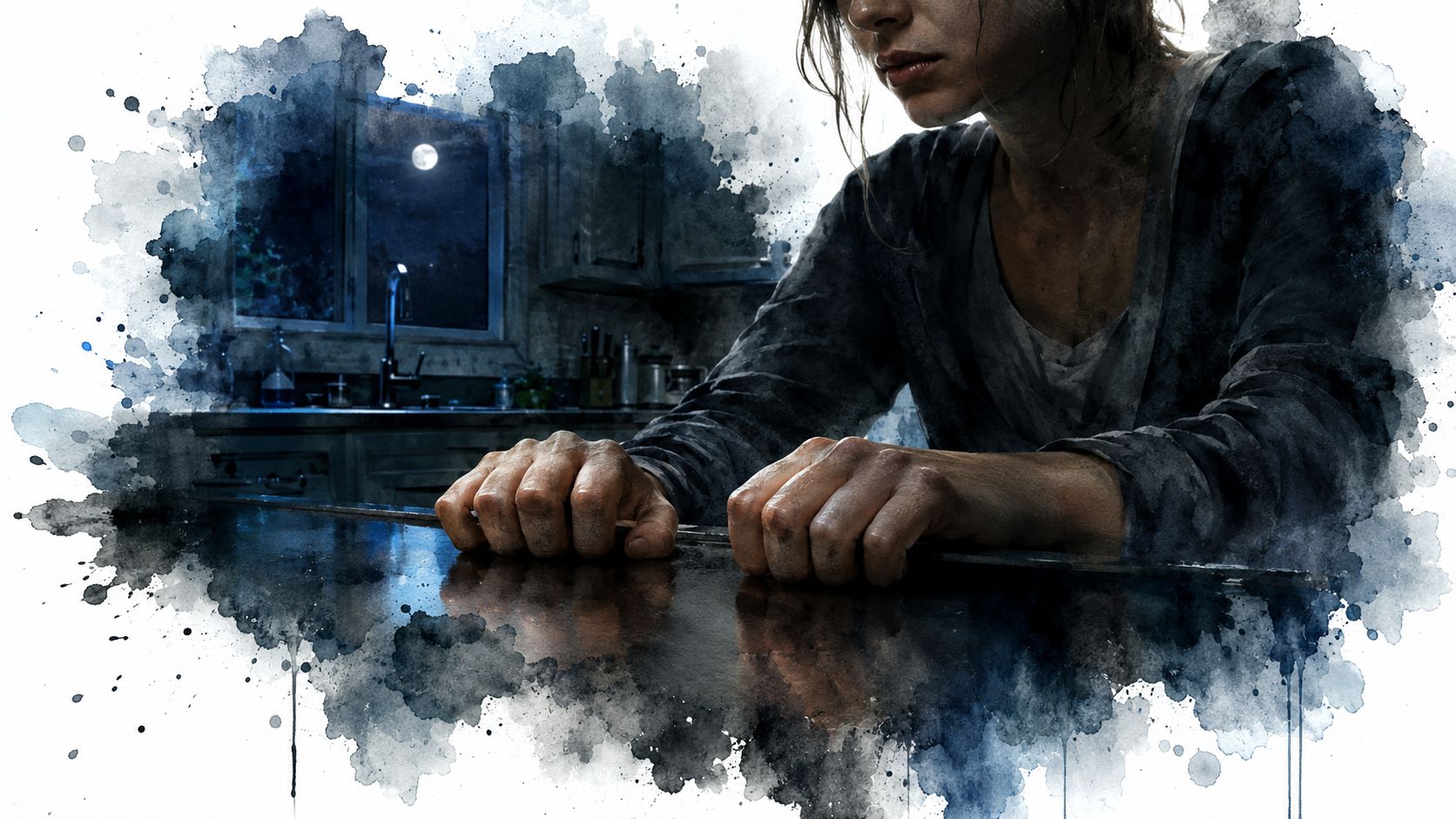 A close-up artistic watercolor illustration of a person leaning heavily on a kitchen counter at night.
