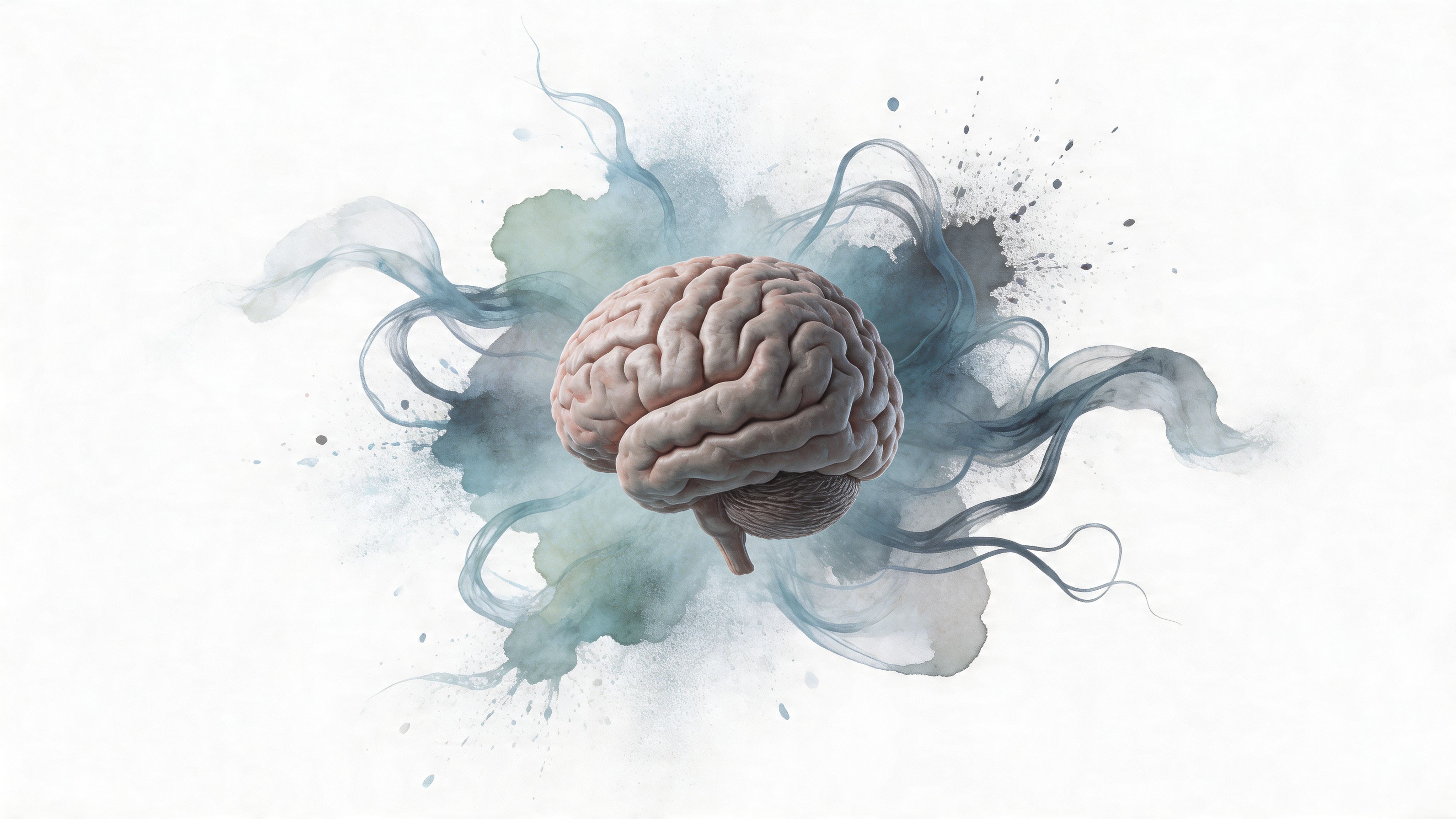 A detailed 3D illustration of a human brain surrounded by artistic blue watercolor splashes and wisps.
