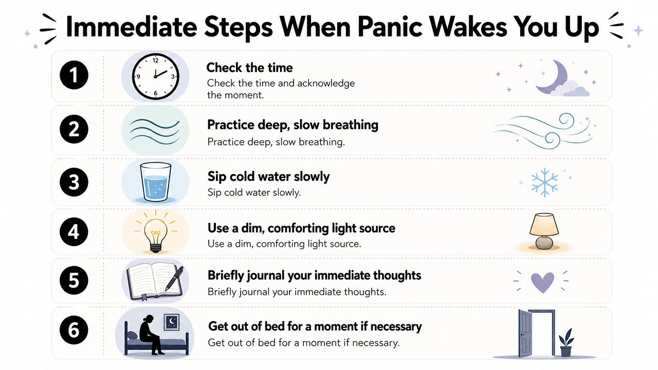 A six-step infographic guide on how to calm down when experiencing panic attacks while waking up at night.