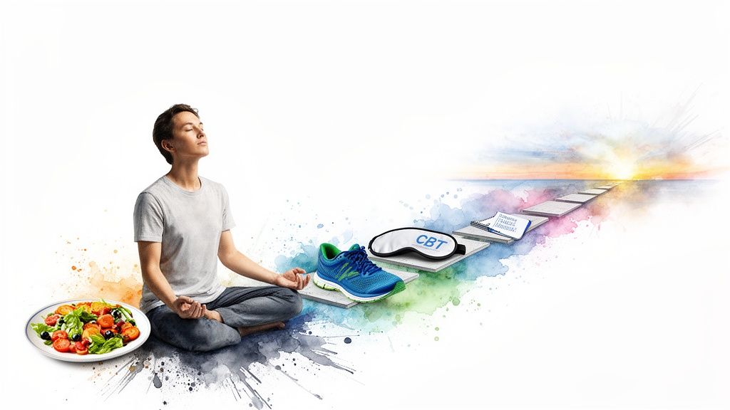Person meditating with elements representing healthy lifestyle choices on a path towards a bright horizon.