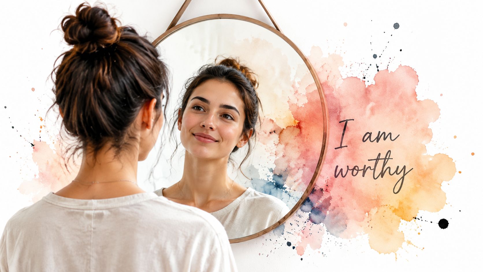 A woman looks at her reflection in a round mirror with watercolor art and the text I am worthy.