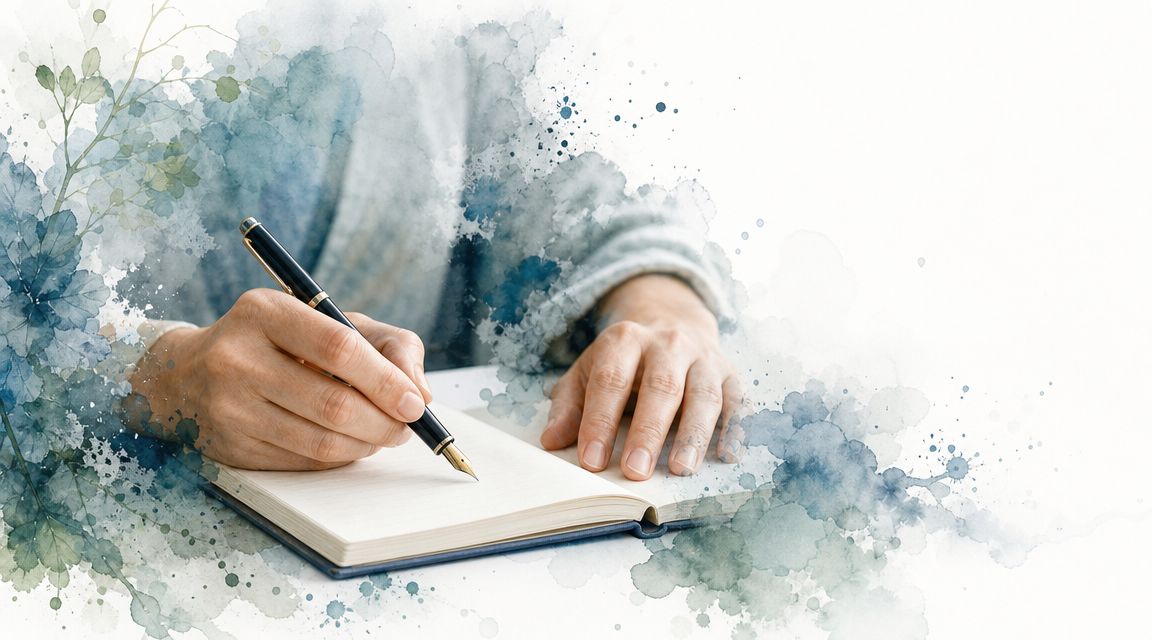 A person writing in a journal with a fountain pen featuring soft blue watercolor artistic effects.