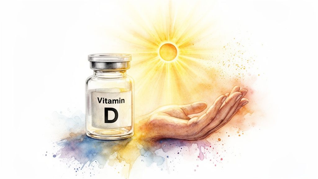 Watercolor illustration depicting a 'Vitamin D' vial, a human hand, and a radiant sun.