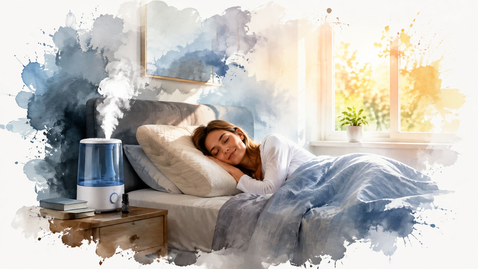 A woman sleeping peacefully in bed with a humidifier emitting mist on her wooden bedside table.