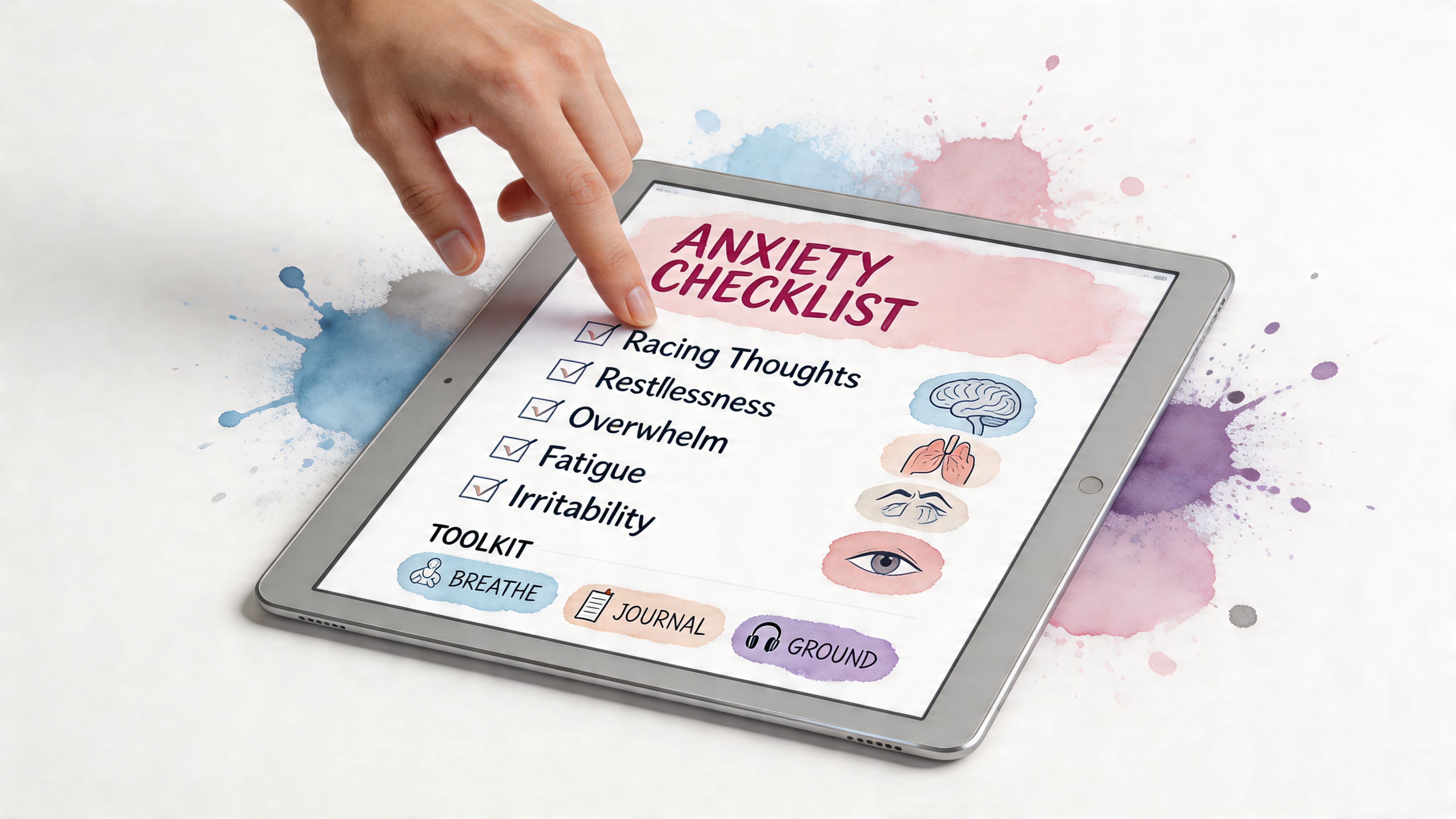 A hand selecting items on an anxiety checklist app displayed on a digital tablet screen.