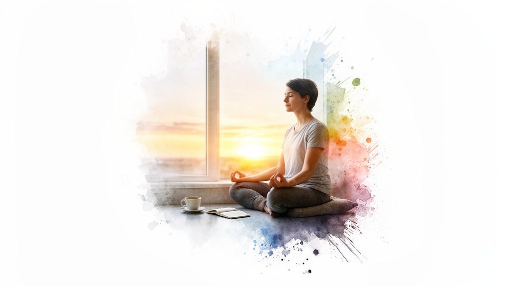 A serene woman meditates peacefully by a window at sunset, with a cup and notebook.