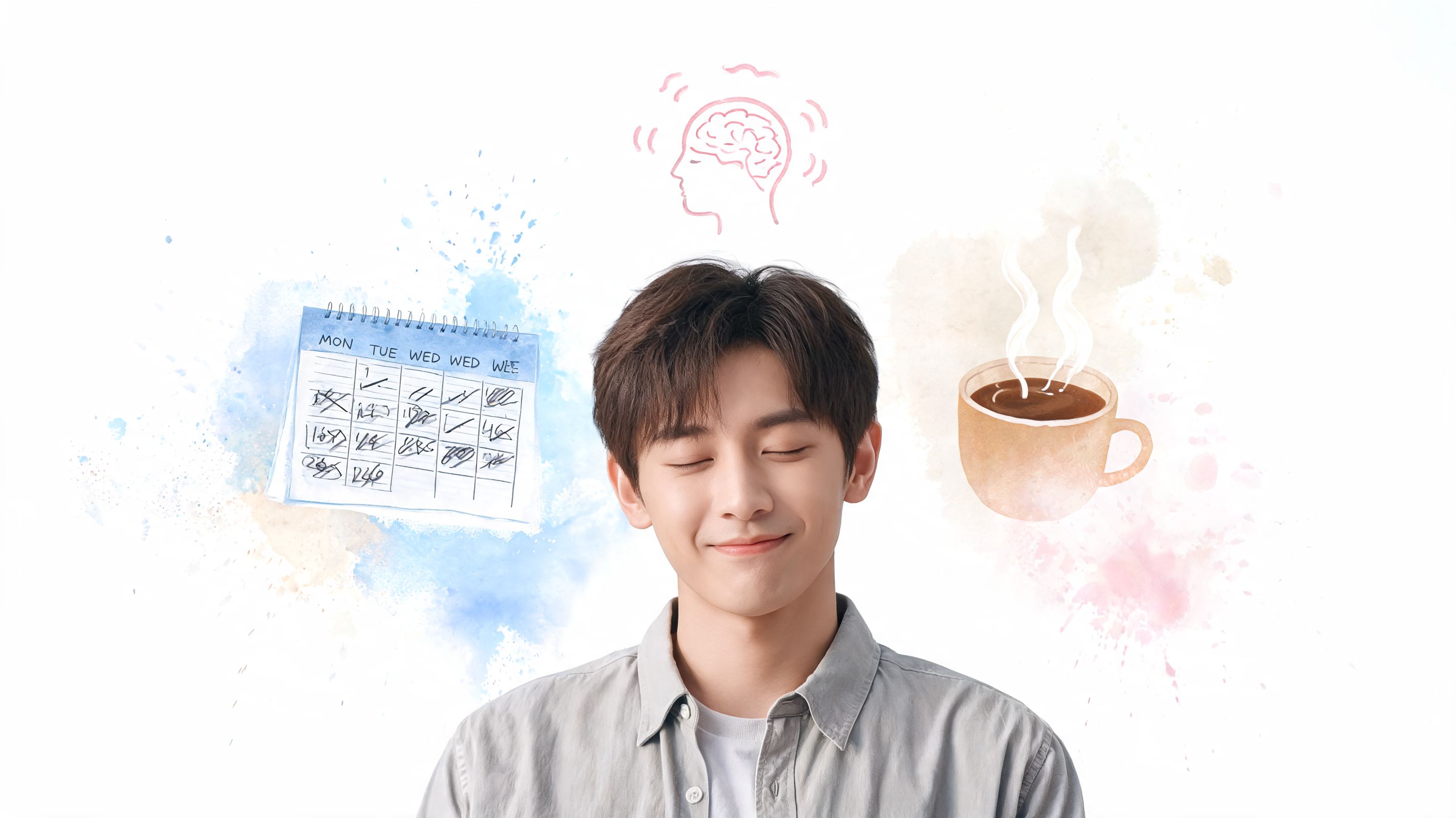 A young man with his eyes closed, dreaming of a calendar and a warm cup of coffee.