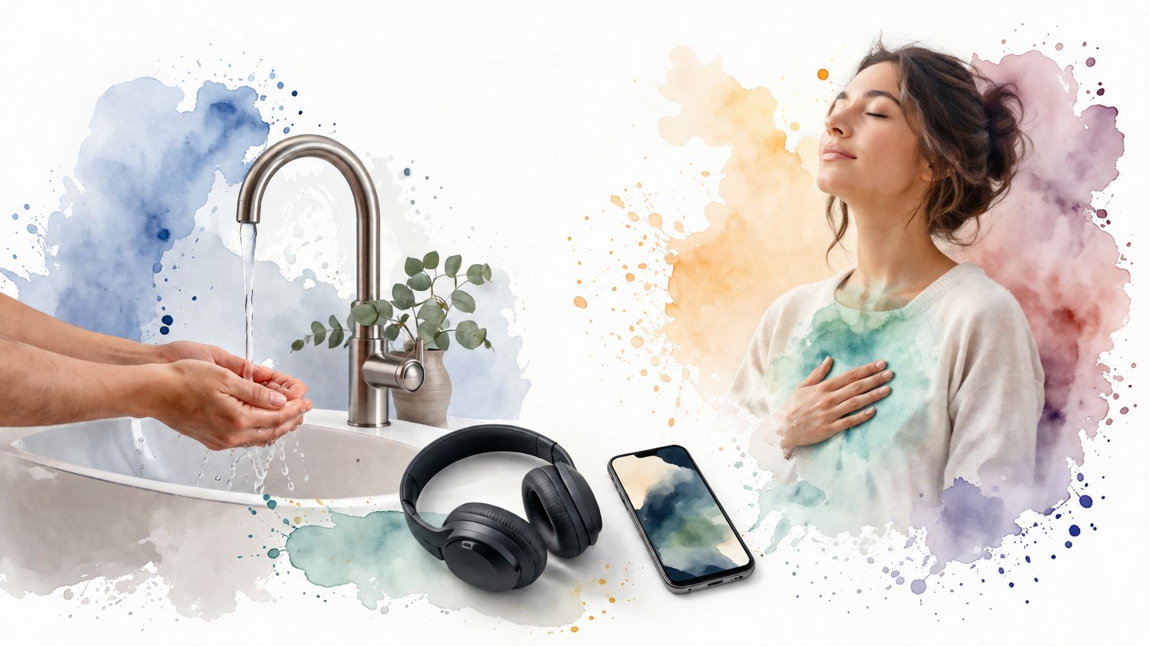 A conceptual image showing washing hands and a mindful woman, representing sensory care and personal wellness.