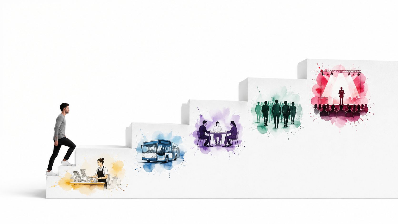 A person climbing stairs with illustrations of career and life milestones from service work to leadership.