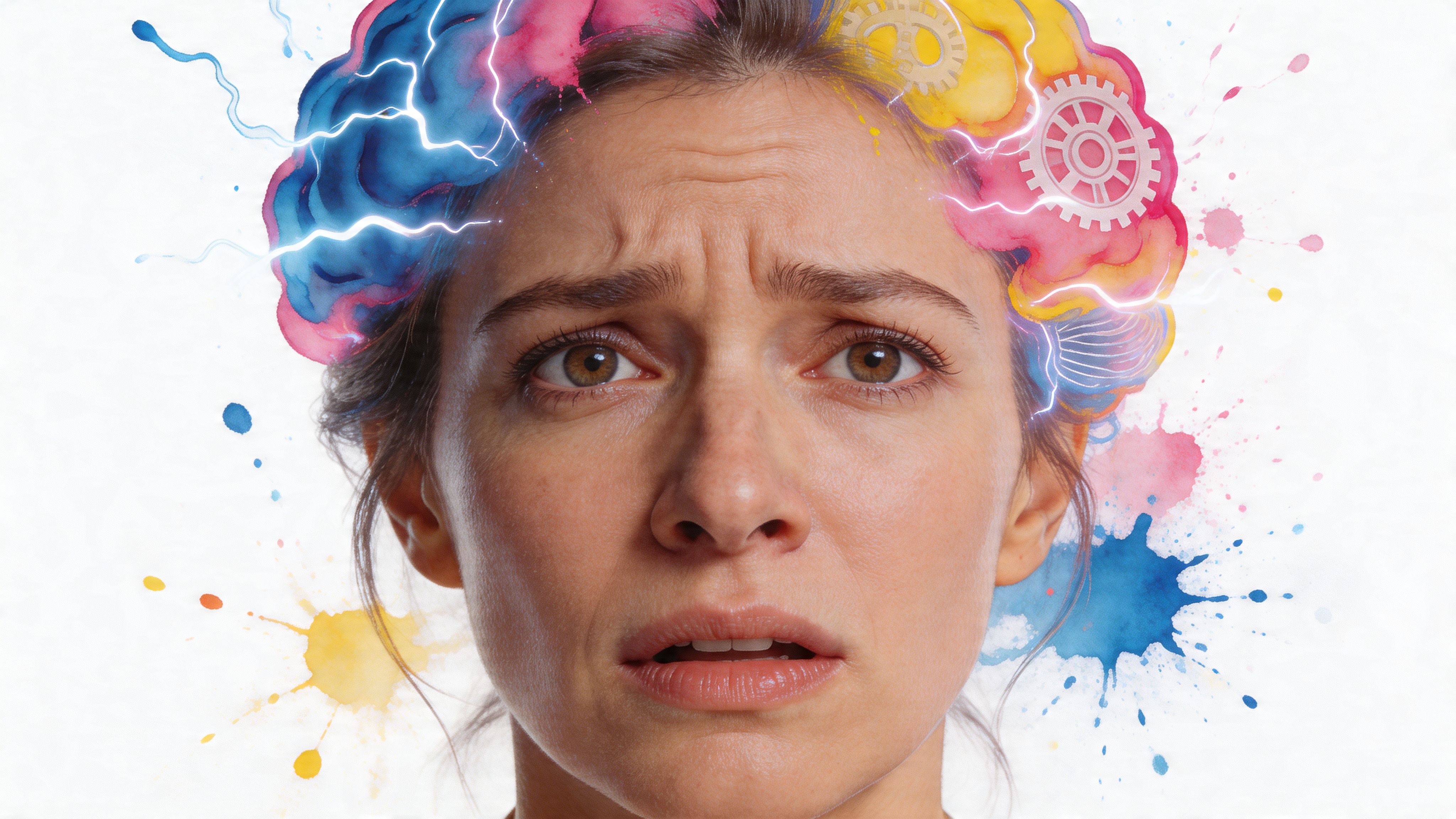 A woman with a distressed expression surrounded by symbolic brain illustrations representing anxiety and mental health struggles.