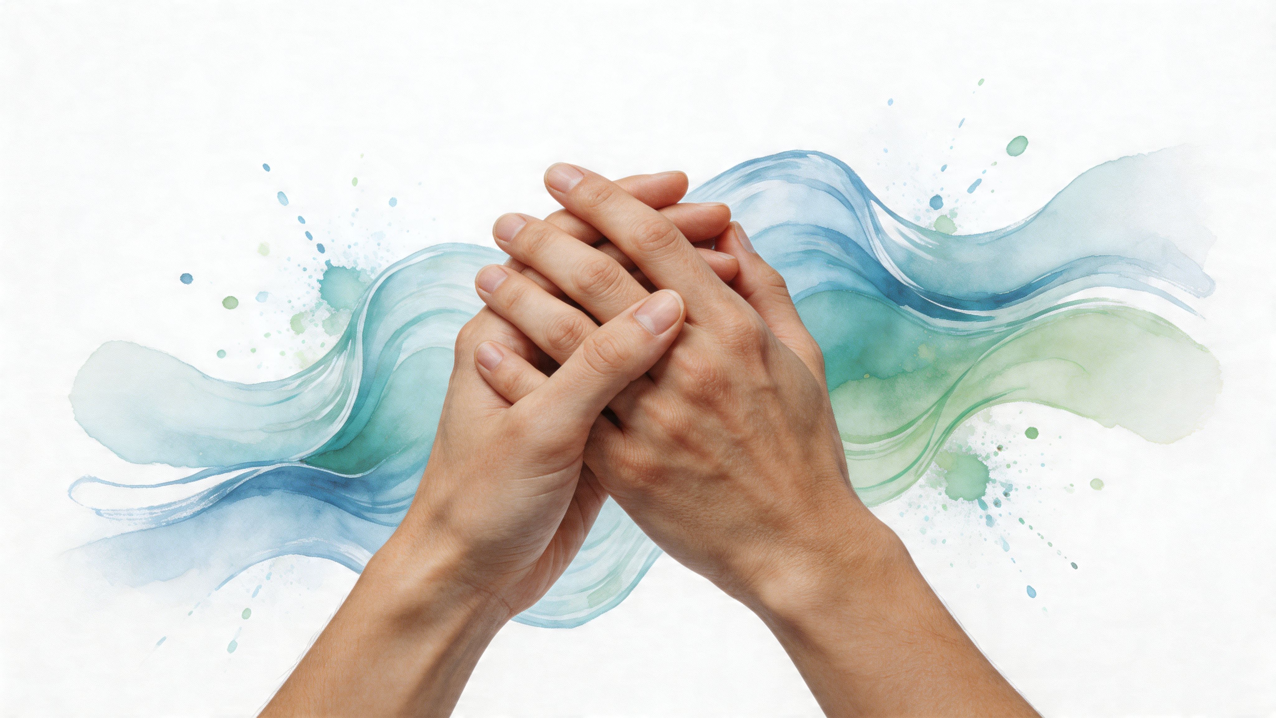 Close-up of two hands gently clasped together against a backdrop of soft blue and green watercolor waves.