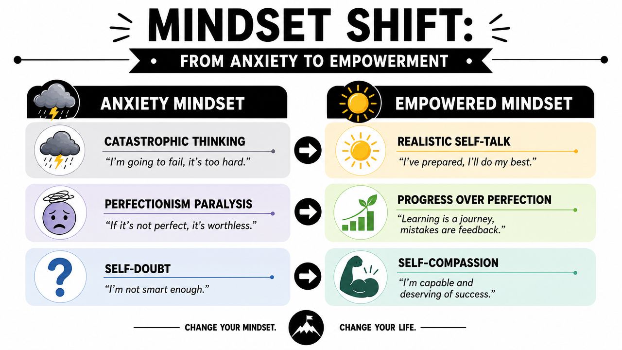 A diagram illustrating the mindset shift from anxiety, featuring catastrophic thinking, to empowerment, focusing on self-compassion.