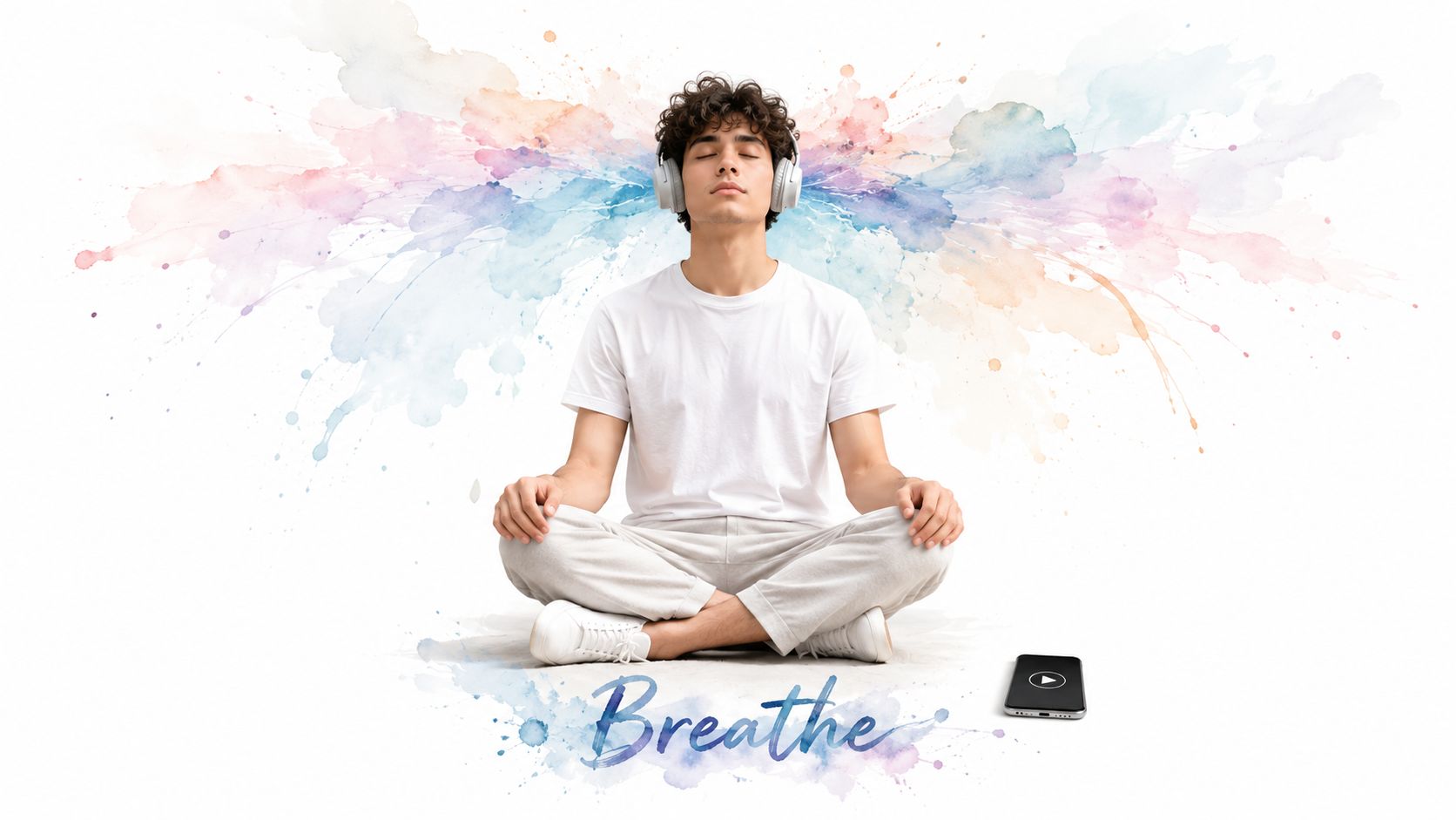 A young man with curly hair wearing headphones and meditating in a cross-legged position on the floor.