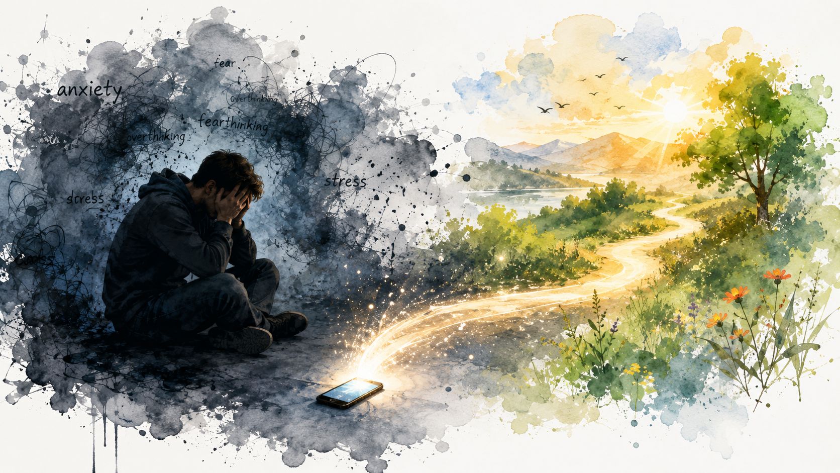 A person sits in a dark, anxious cloud, looking at a glowing phone leading to a landscape.