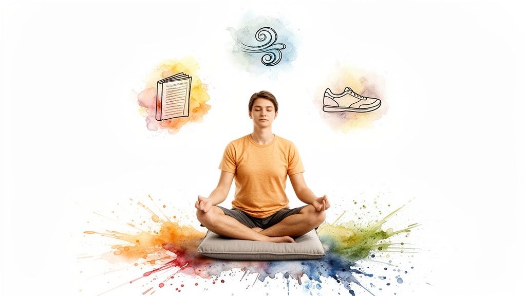 Person meditating peacefully on a cushion, with icons of a book, wind, and sneaker, representing balance.