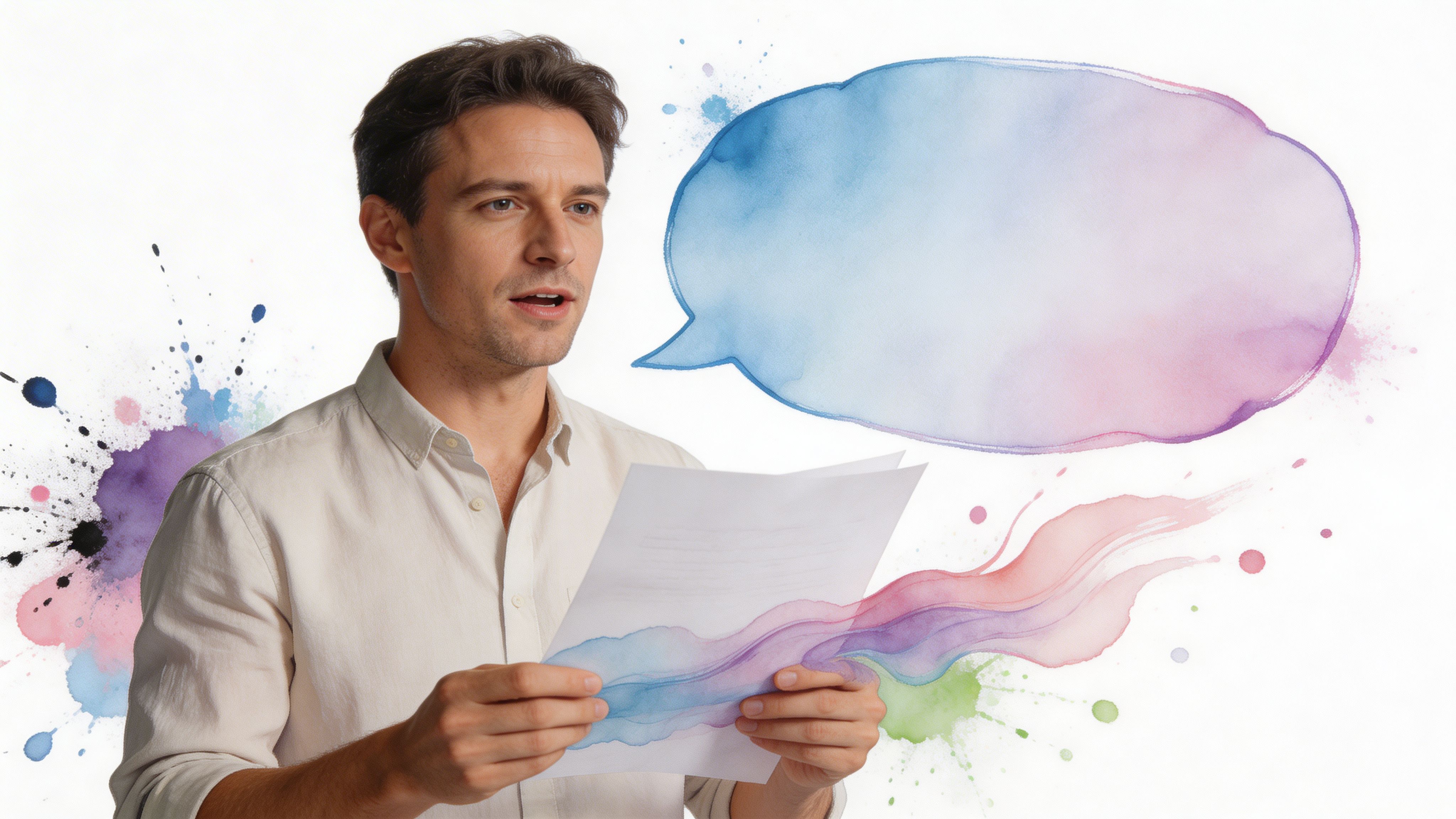 A man wearing a light beige shirt holds a white paper while presenting with a watercolor thought bubble.