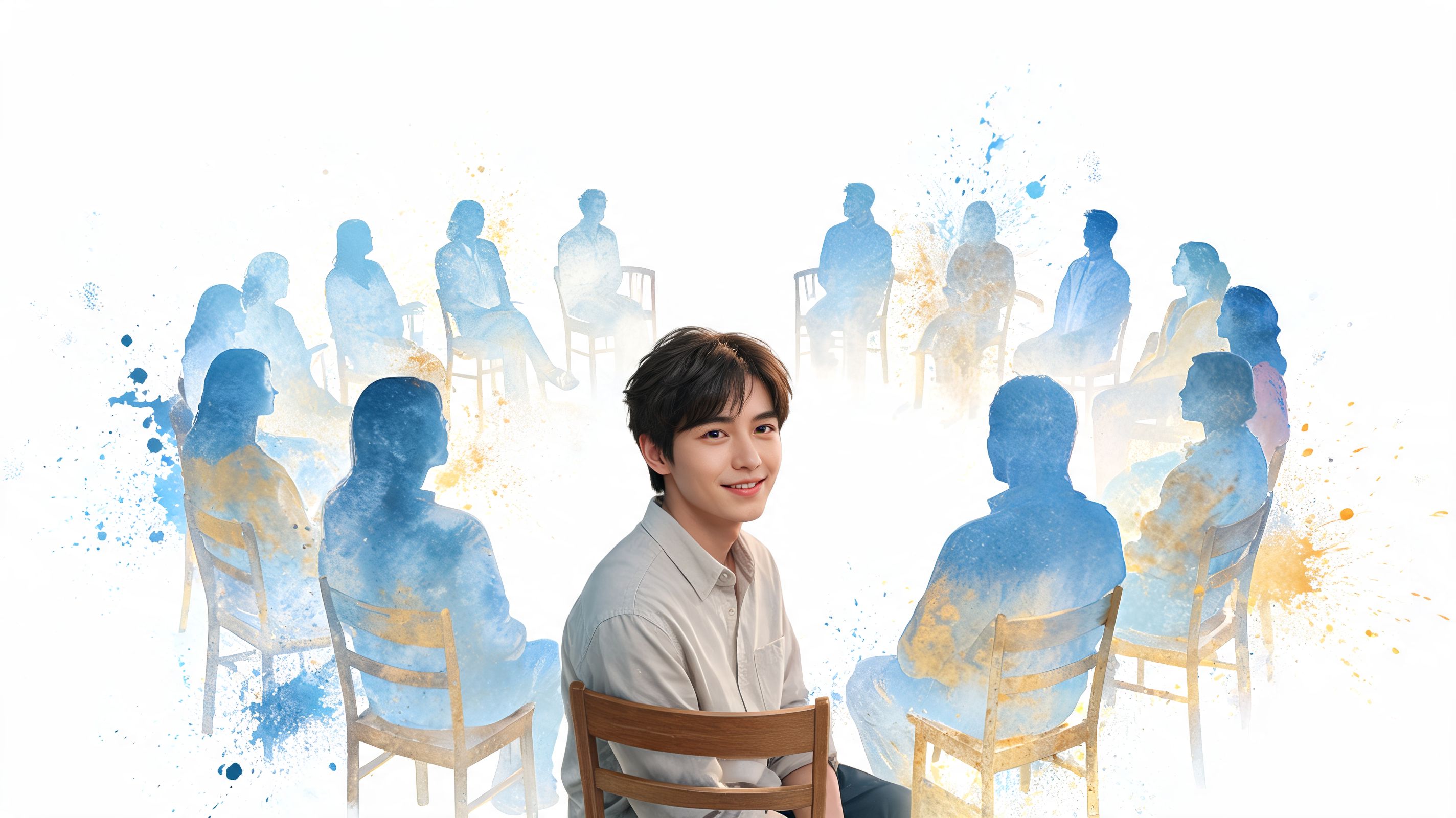 A young man sitting in the center of a supportive group circle representing mental health care.