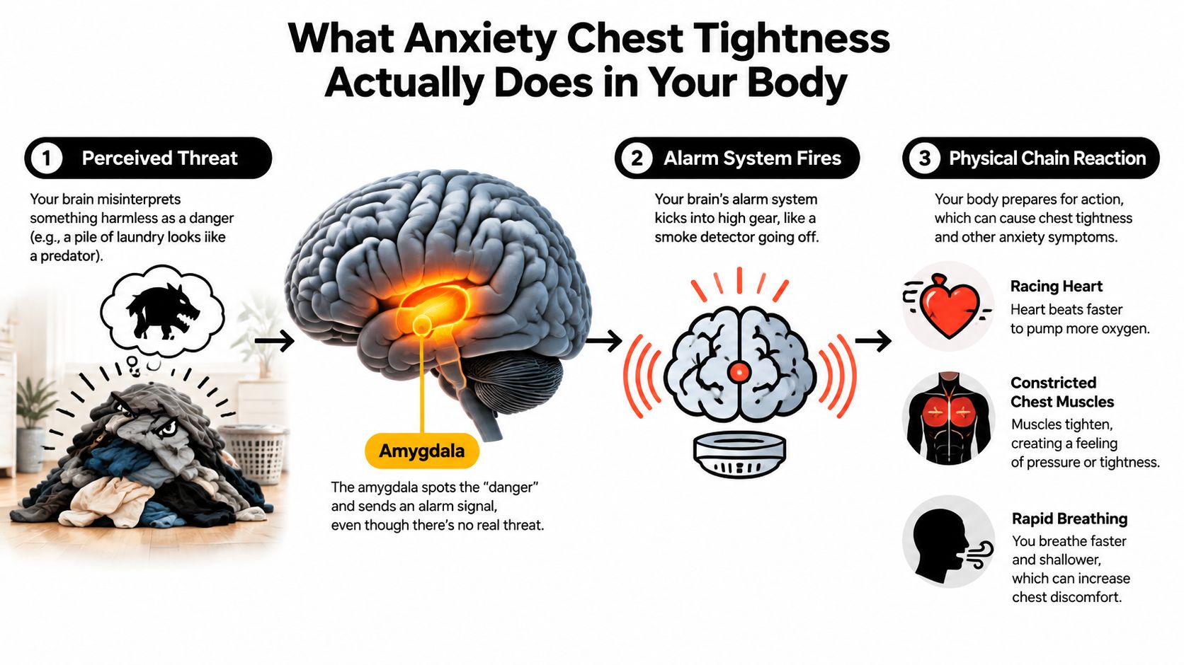 An infographic showing the neurological and physical processes behind anxiety-induced chest tightness within the human body.
