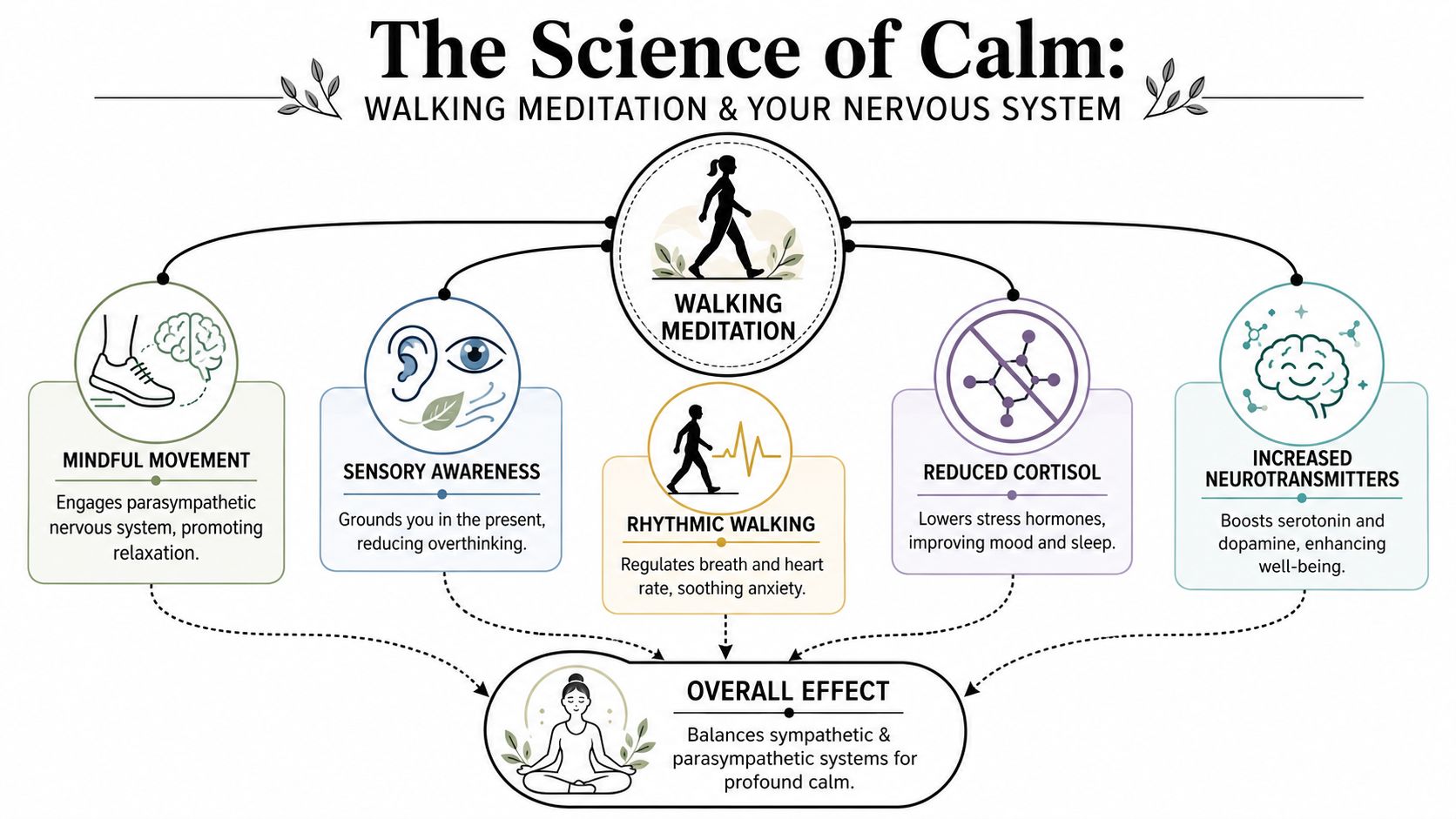 An infographic titled The Science of Calm explaining how walking meditation benefits the nervous system.