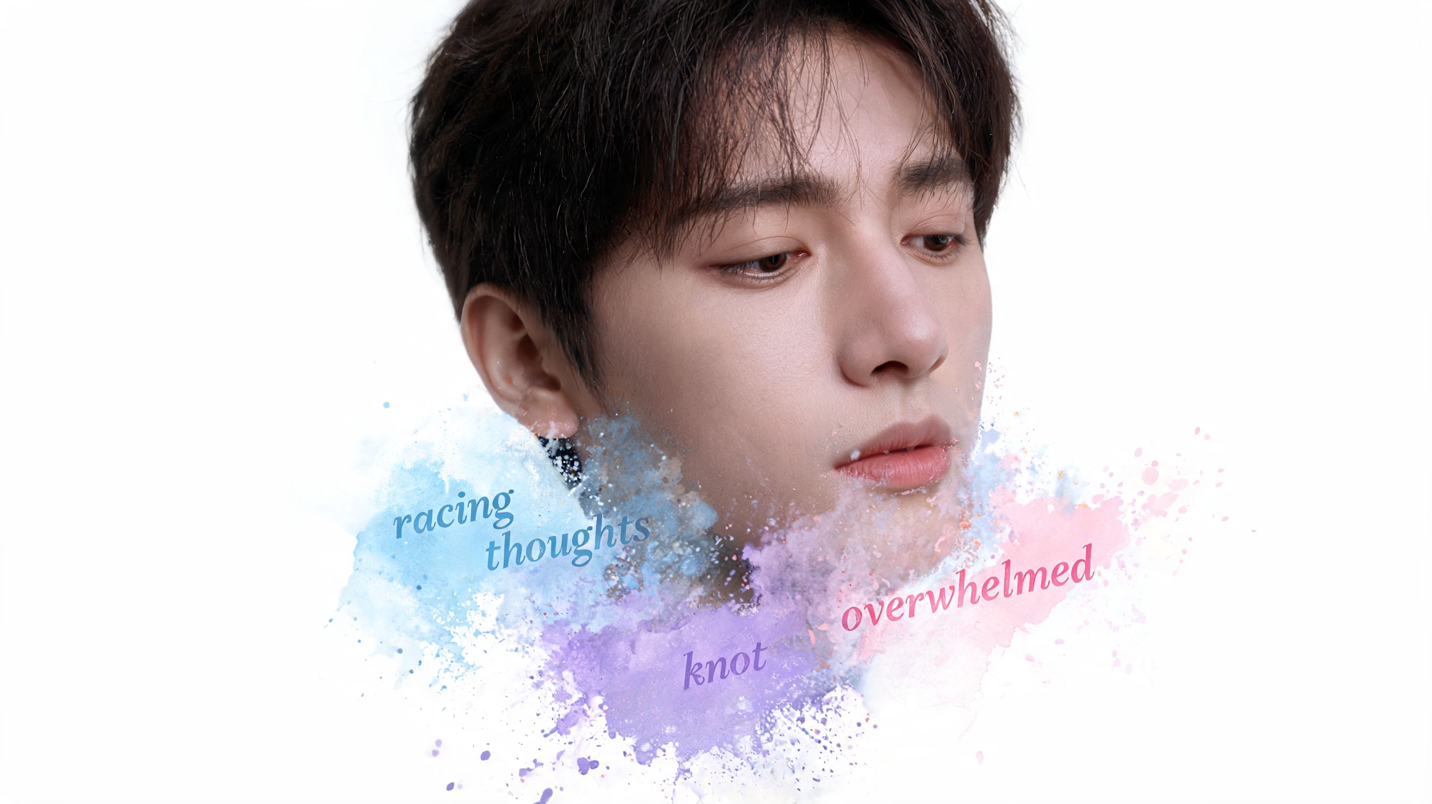 A young man looking thoughtful with watercolor splashes and words like racing thoughts, knot, and overwhelmed.