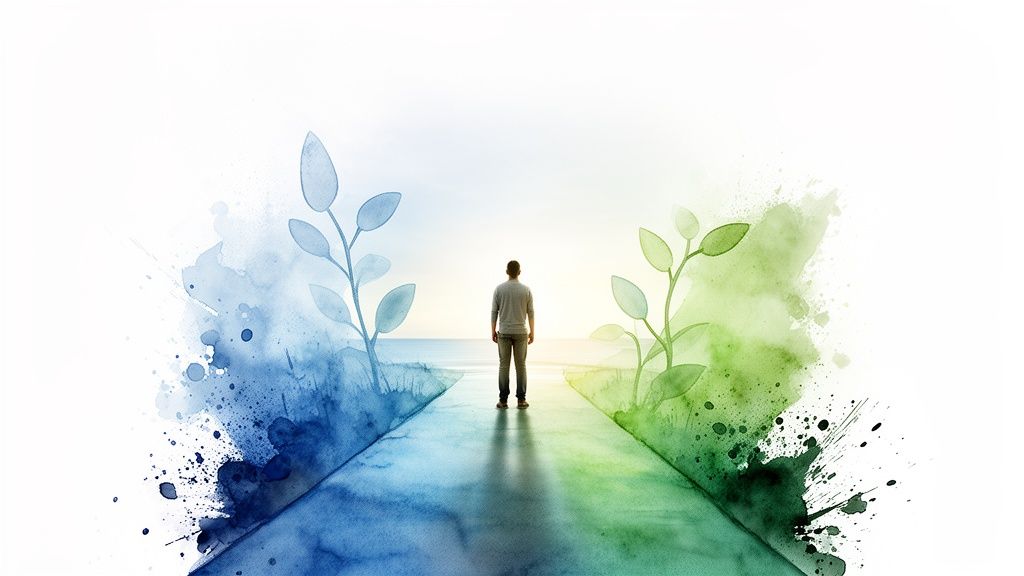 A person stands at a crossroads where a path transitions from blue watercolor to green growth.