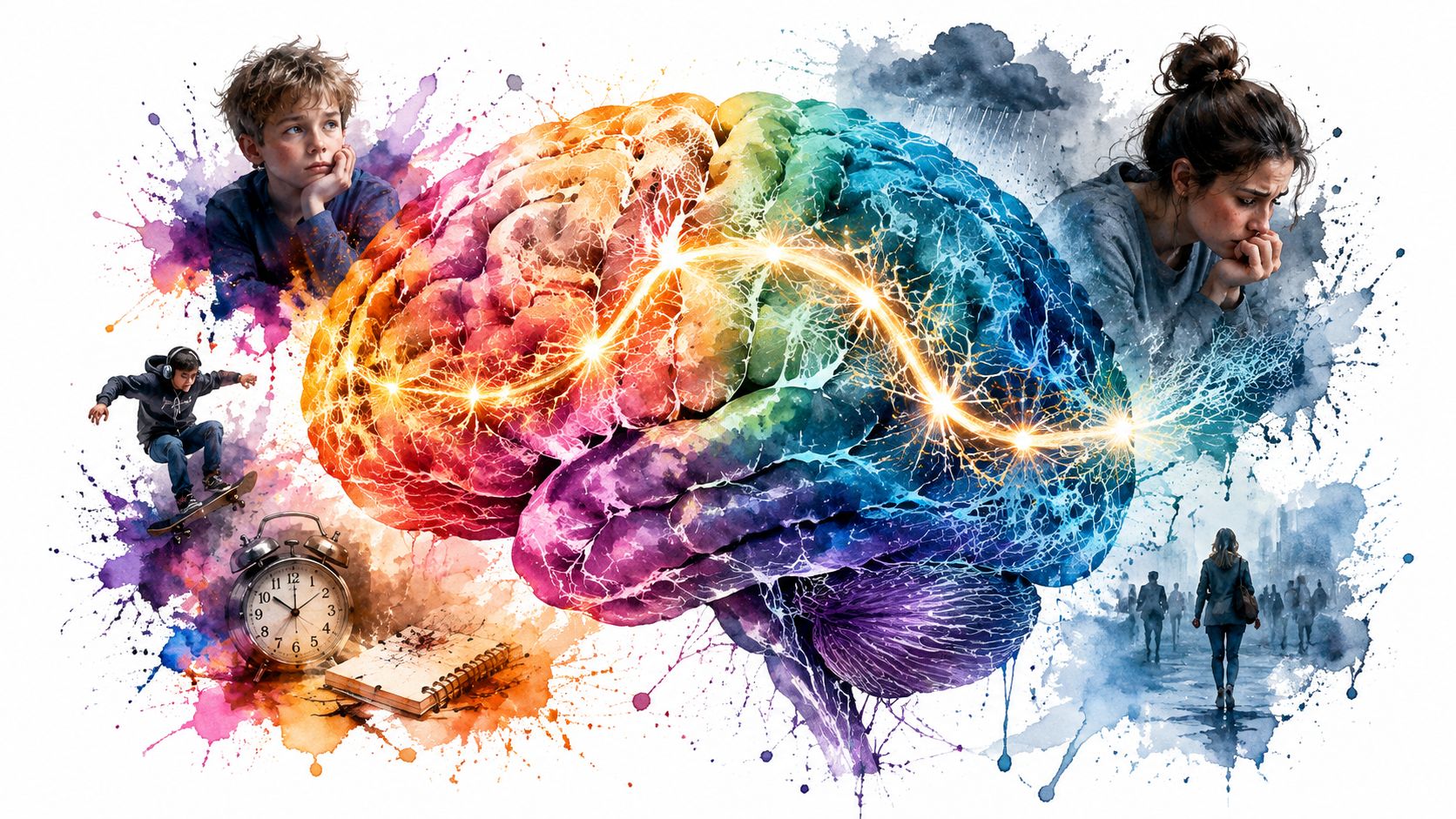 A colorful brain illustration surrounded by people representing the complex relationship between ADHD and anxiety symptoms.