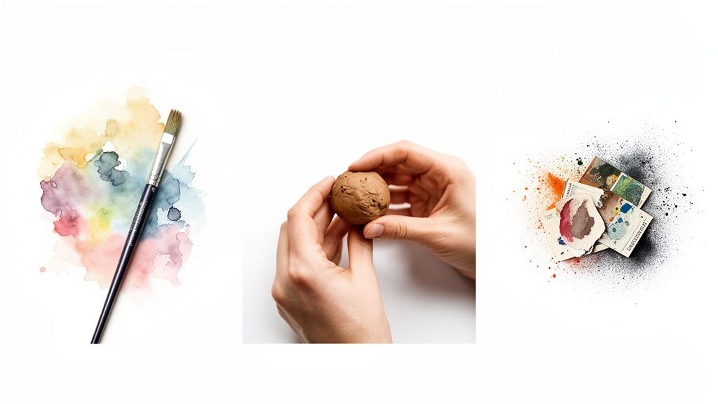 Hands holding clay, a paintbrush on vibrant watercolors, and diverse mixed media art on a white background.