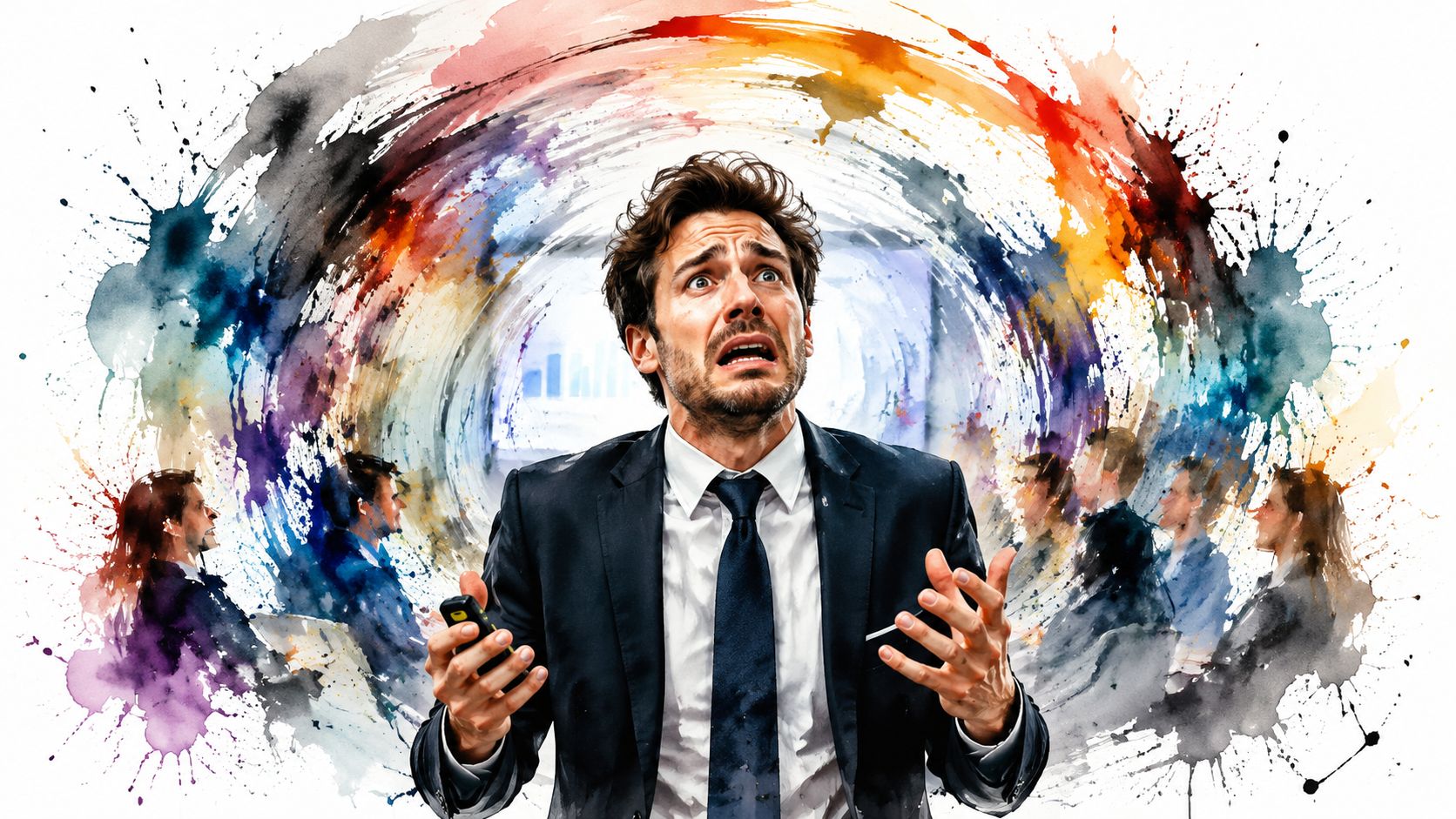 A distressed businessman in a suit experiencing an anxiety attack amidst a colorful, chaotic artistic background.