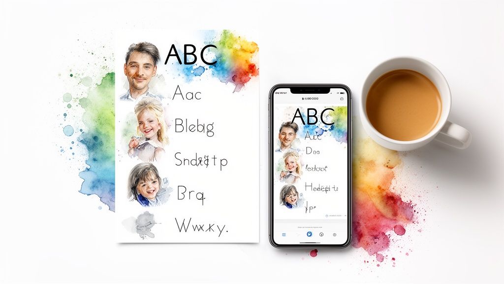 A flat lay displaying a watercolor-themed ABC learning printout, a smartphone app, and a coffee mug.