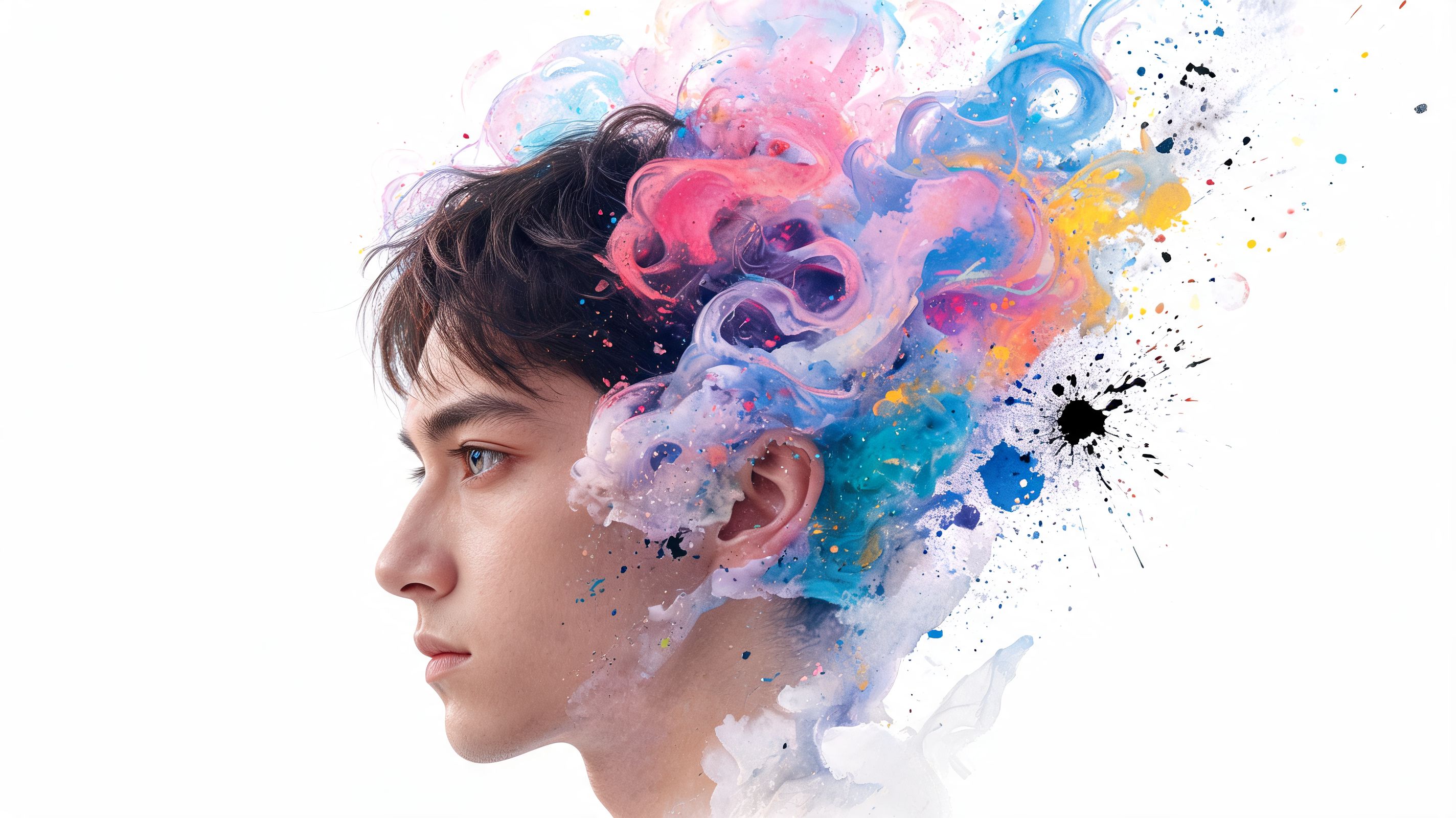 A artistic profile view of a young man with vibrant abstract watercolor paint exploding from his head.