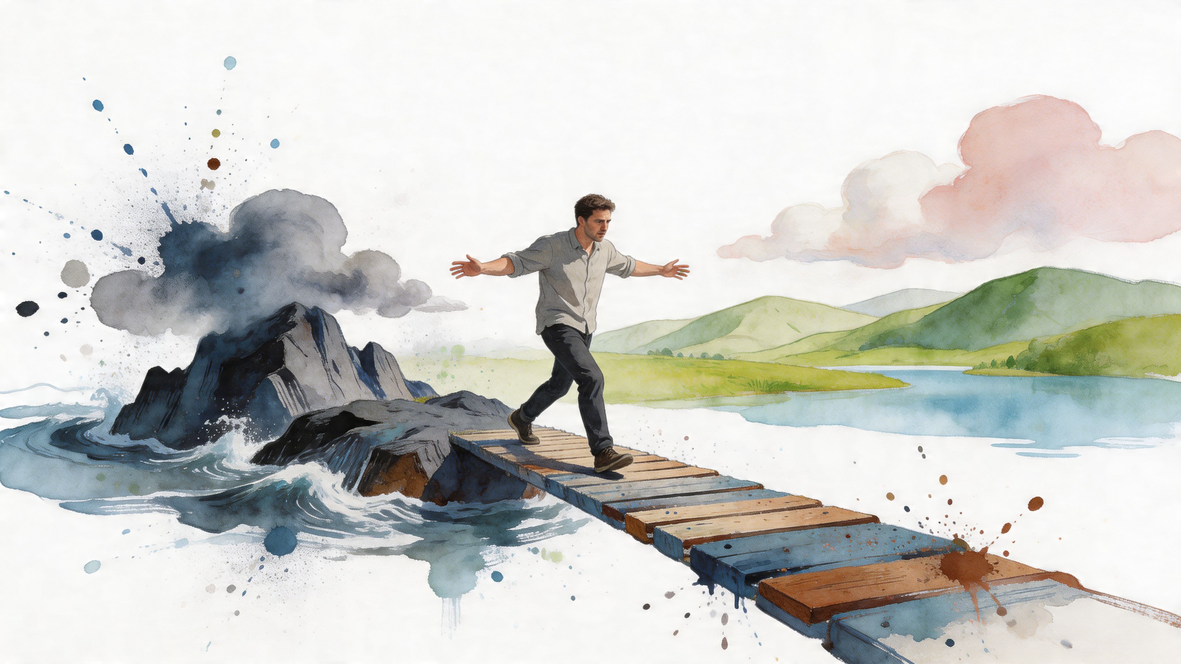 A watercolor illustration of a man walking across a wooden bridge balancing between chaos and tranquility.