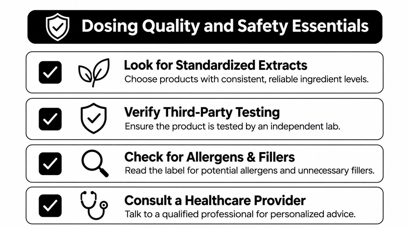 An infographic titled Dosing Quality and Safety Essentials showing four tips for choosing safe natural supplements.