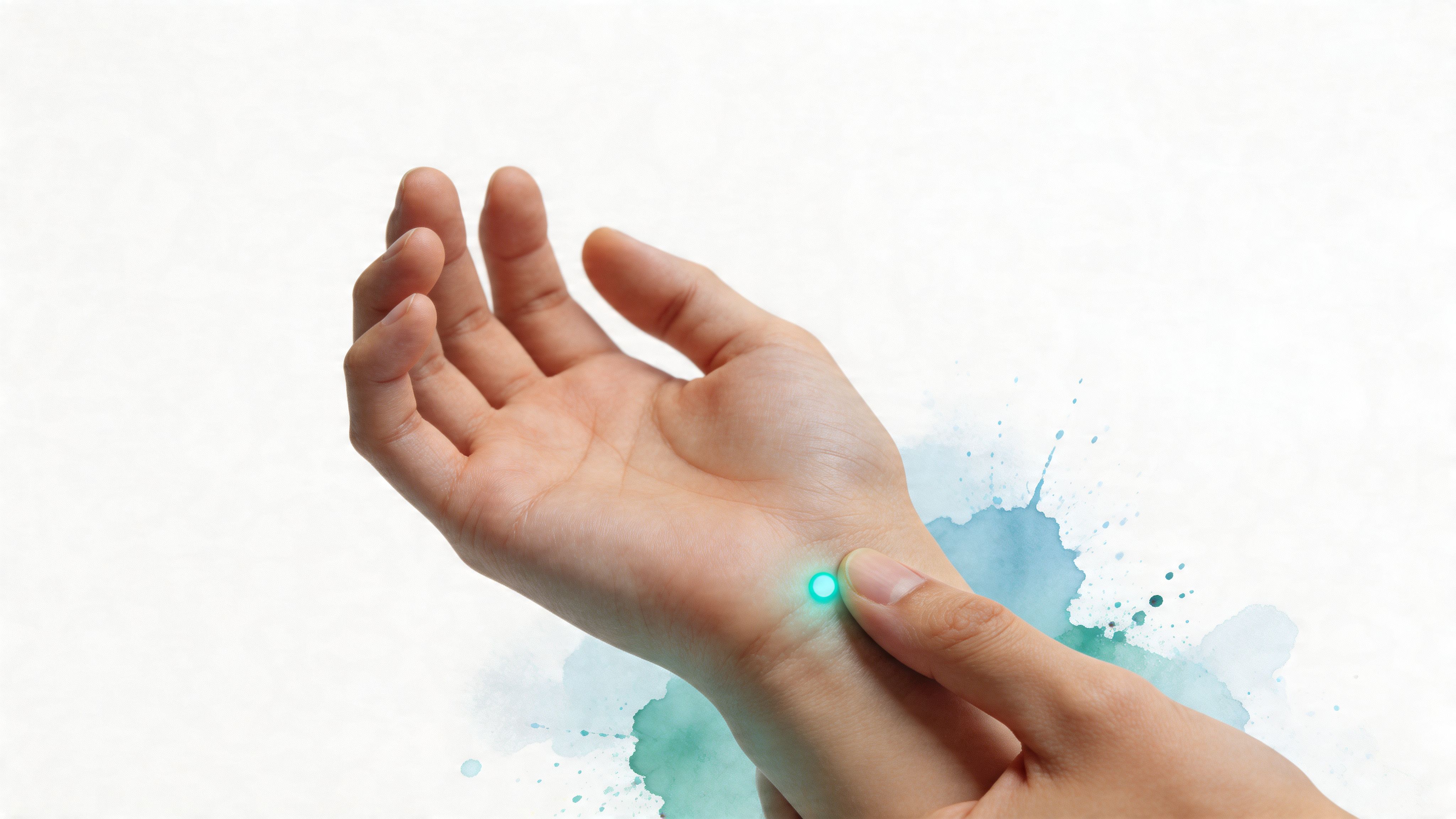 A hand pressing on a specific acupuncture point on the wrist for relief of anxiety and stress.