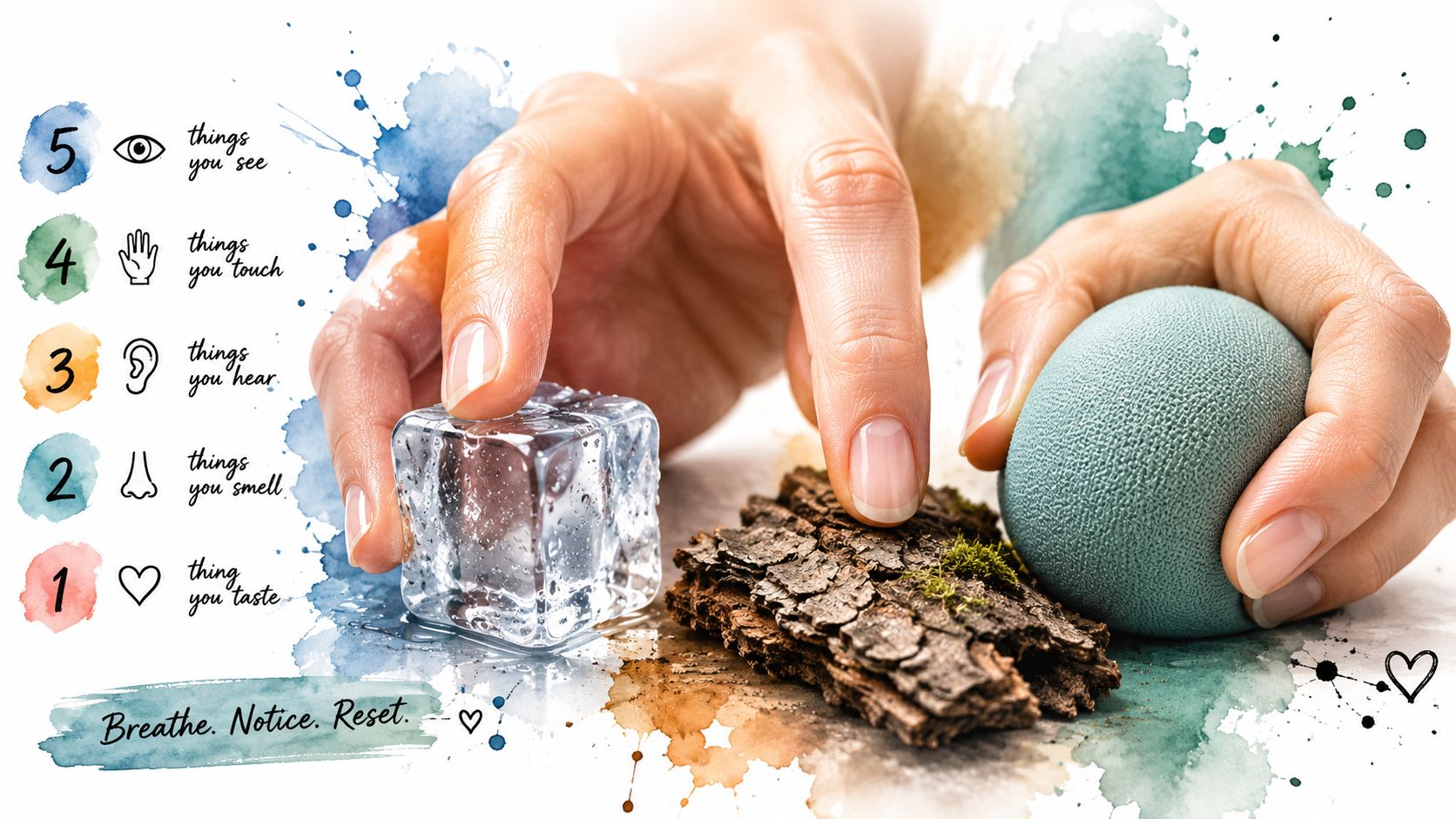 A grounding exercise guide with hands touching ice, bark, and a sphere, showing the 5-4-3-2-1 technique.