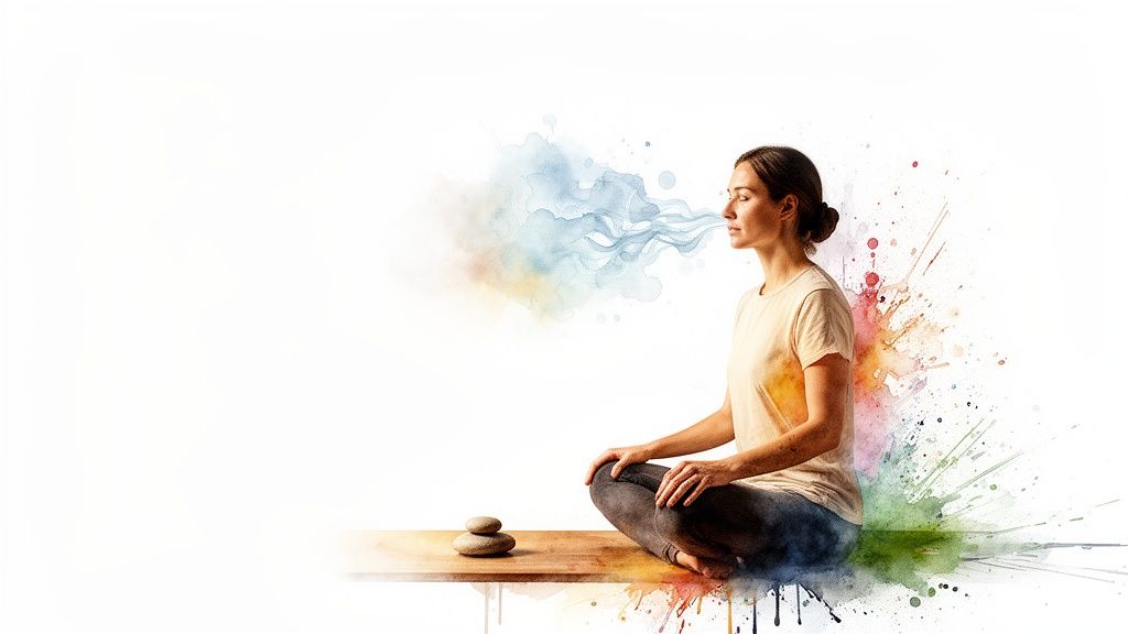Woman meditating with colorful watercolor breath, surrounded by artistic splashes and zen stones.
