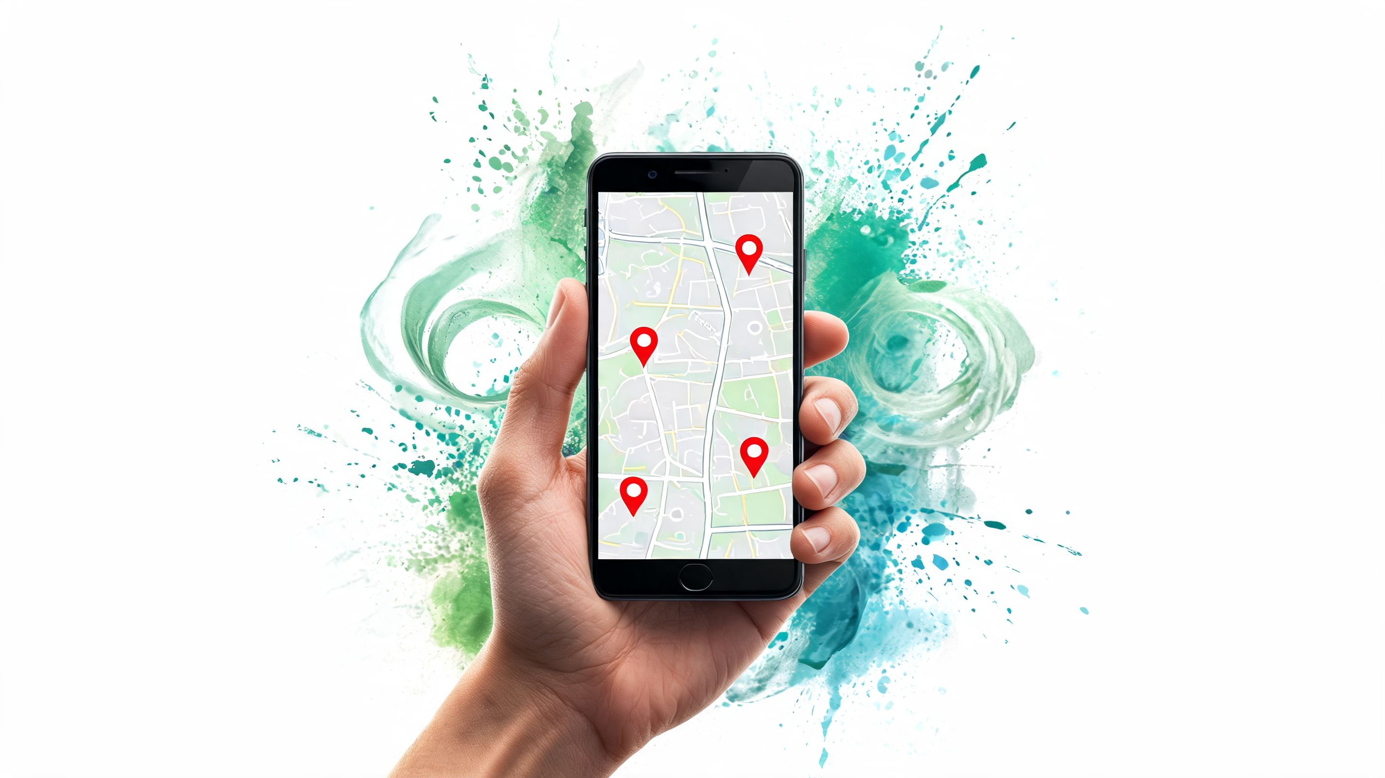 A human hand holding a black smartphone displaying a digital map with several red location pin icons.